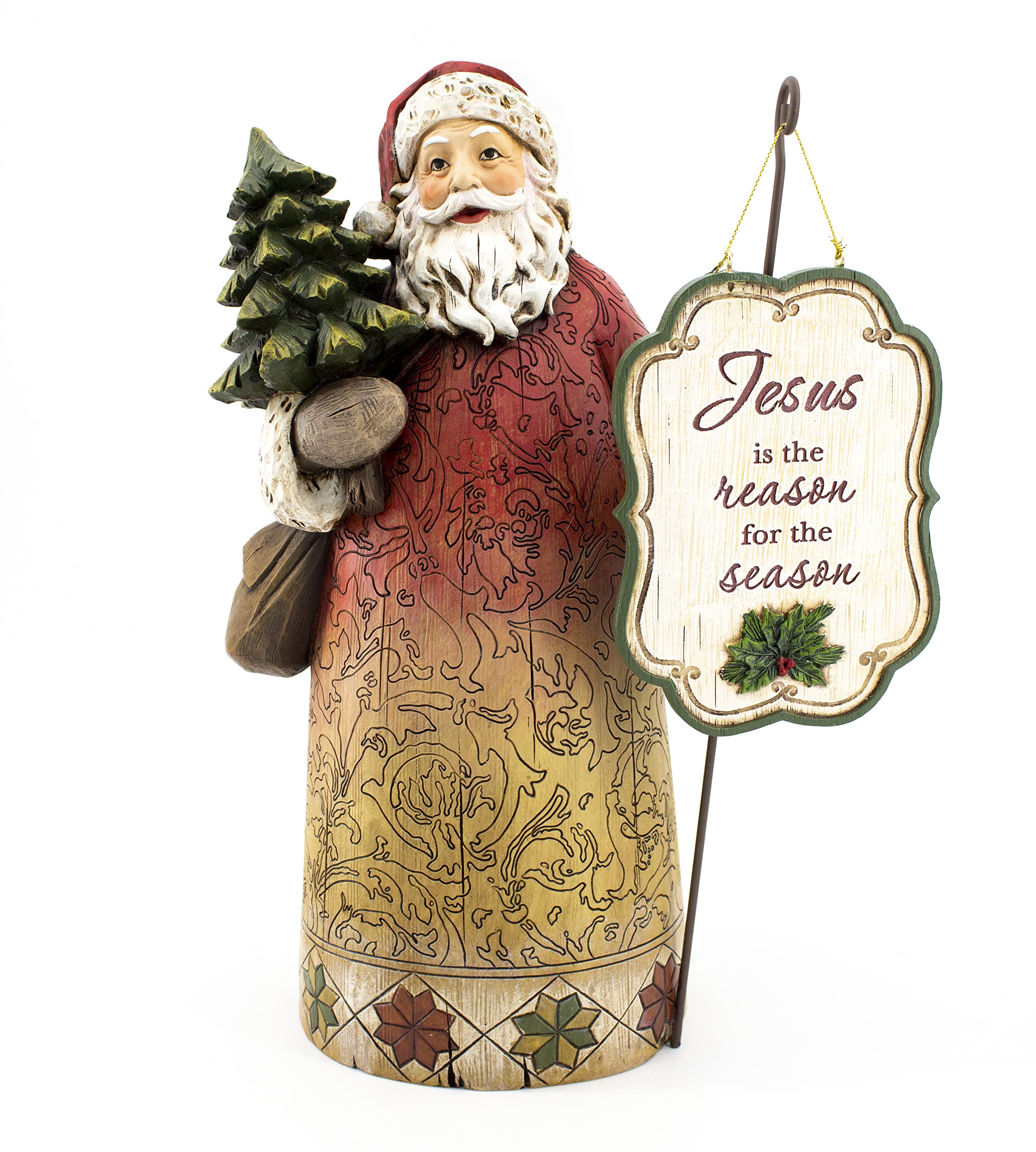 Christmas Joyful Santa Large Statue with Removable Sign Ornament That Reads Jesus is The Reason for The Season- Full Color The Good News of Christmas Religious Figurine Tabletop Decoration 12.5" H