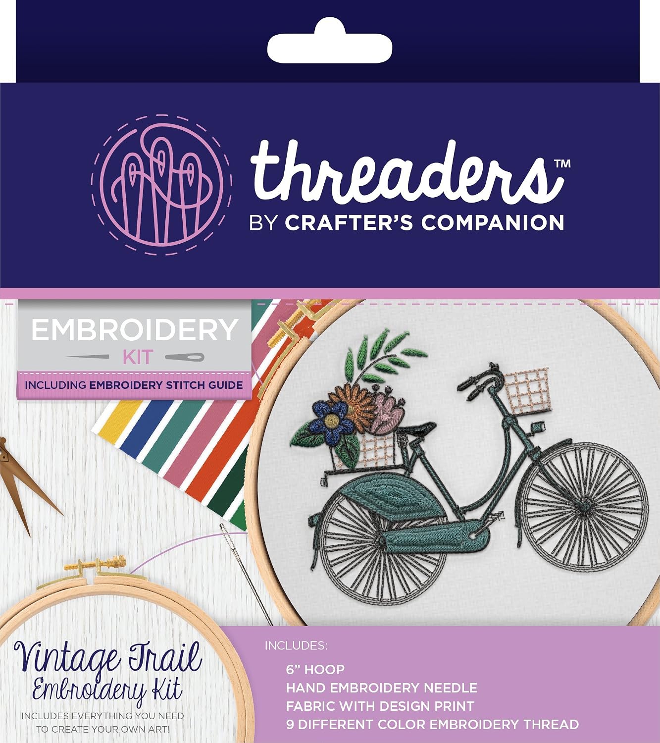 Threaders Embroidery Kit-Vintage Trail, Cotton, Multicoloured, 18.5 x 16 x 2 cm, Multicolor