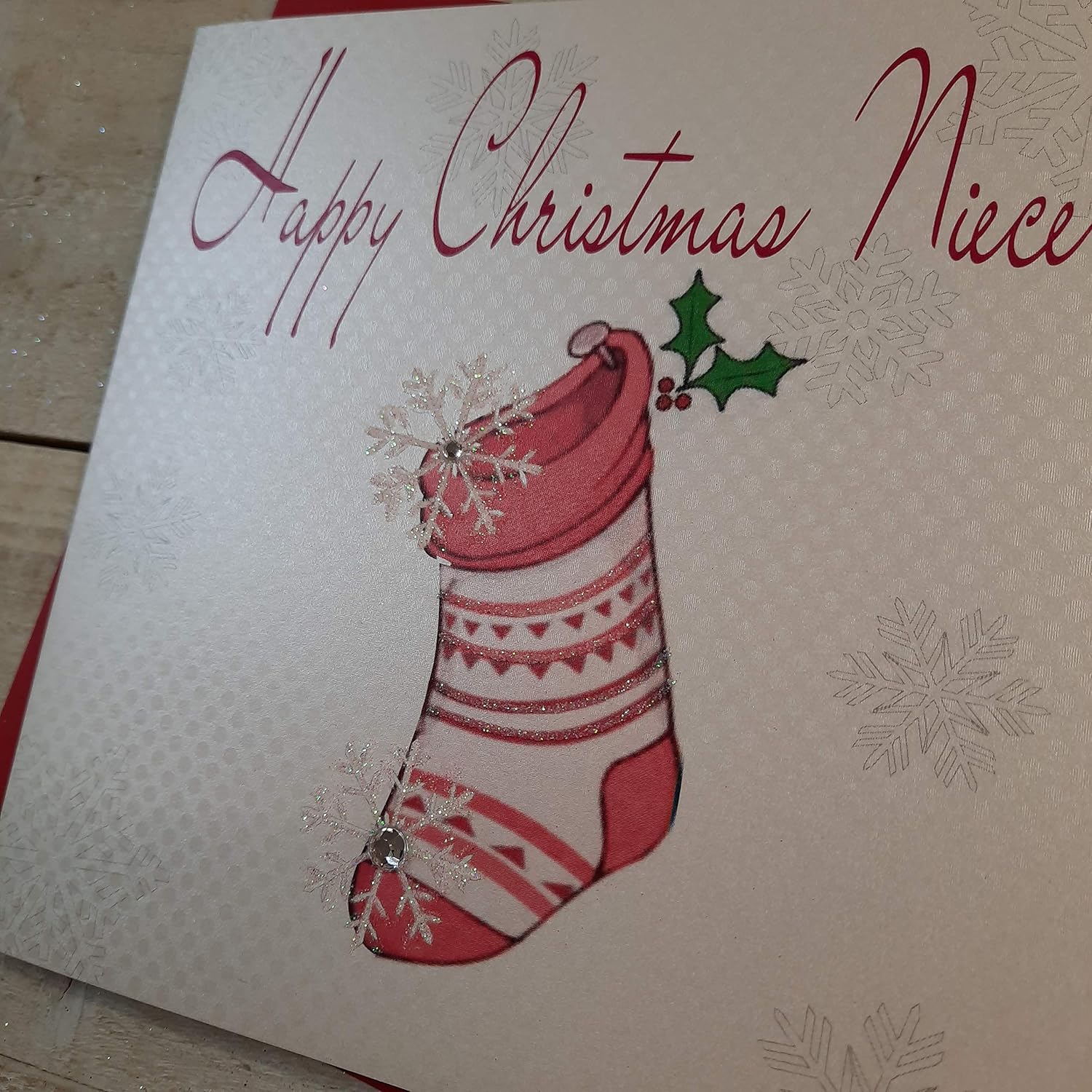 White Diamonds Happy Niece Handmade Christmas Card (Pink Stocking), 16cm x 16cm