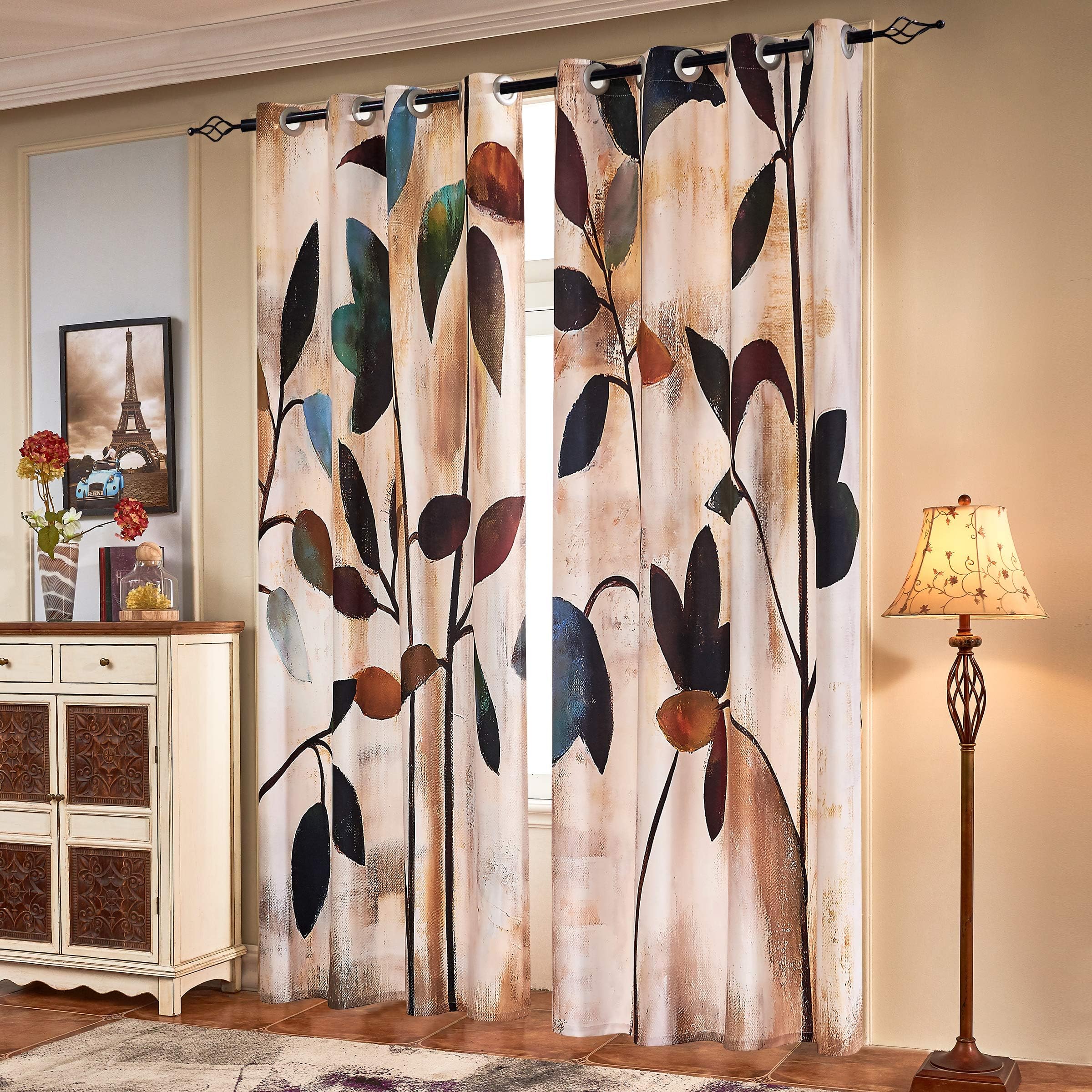 SUBRTEX Light Flitering Curtains 52Wx84L, Room Darkening Vibrant Floral Drapes, 50% Blackout, Semi Sheer Boho Farmhouse Curtains for Living Room, Brown