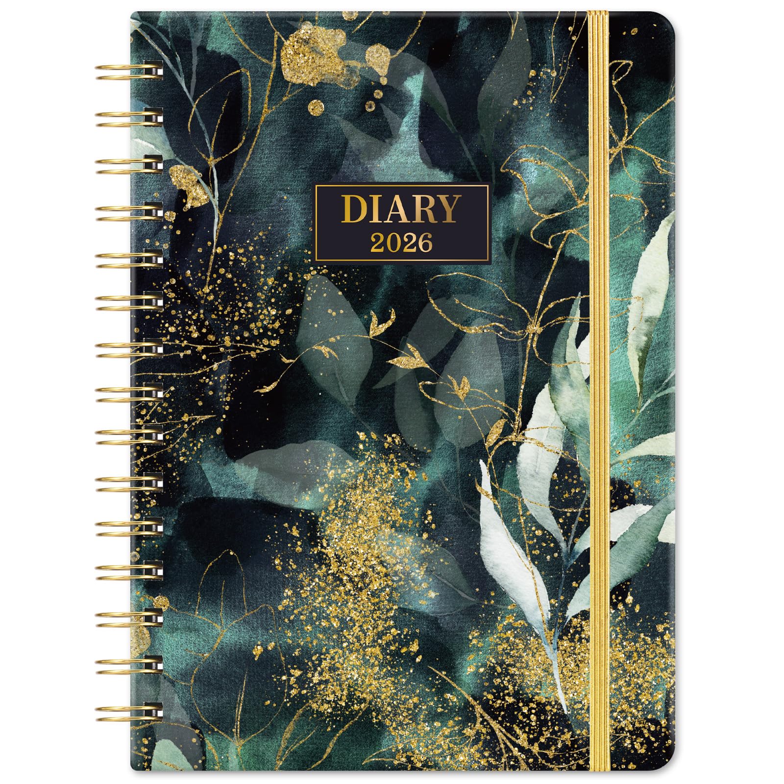 2026 Diary - 2026 Diary a5 Week to View from January 2026 to December 2026, Twin-Wire Binding, Hard Cover, Elastic Closure, 21.5 x 15.5 x 1.5 cm, Golden Leaf