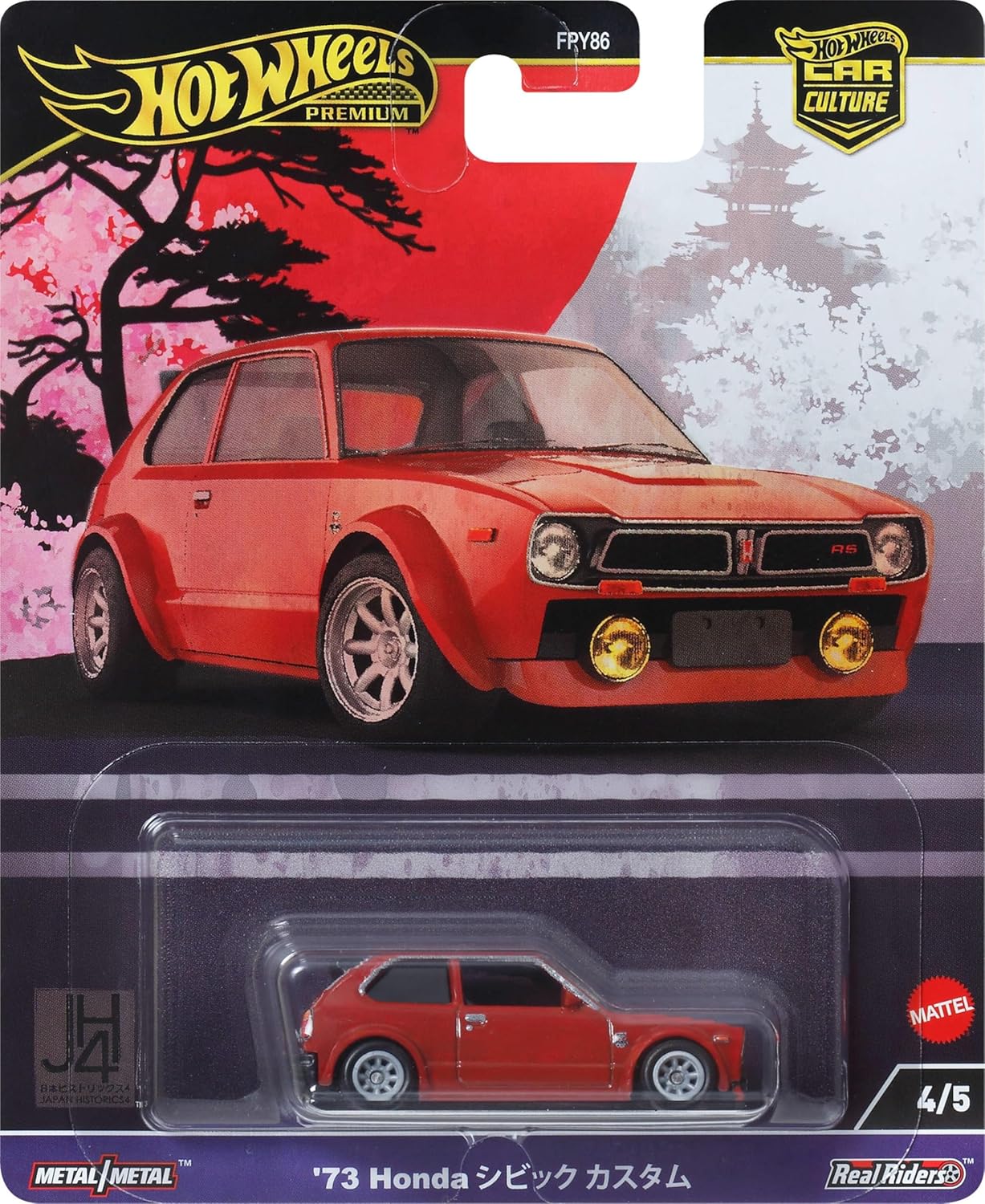 Hot Wheels Premium Car Culture Collectible Toy Car, 1:64 Scale Die-Cast '73 Honda Civic Custom, Japan Historics 4 Vehicle with Real Riders Tires