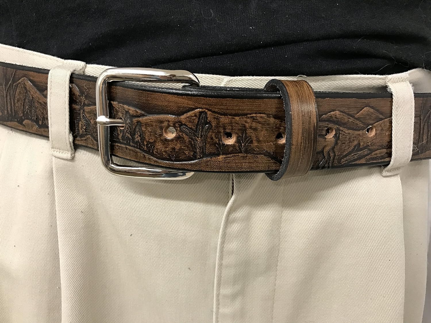 Deer Design Handmade Mens Leather Belt Western Work Casual Belt 1.5" Wide Cocoa Brown