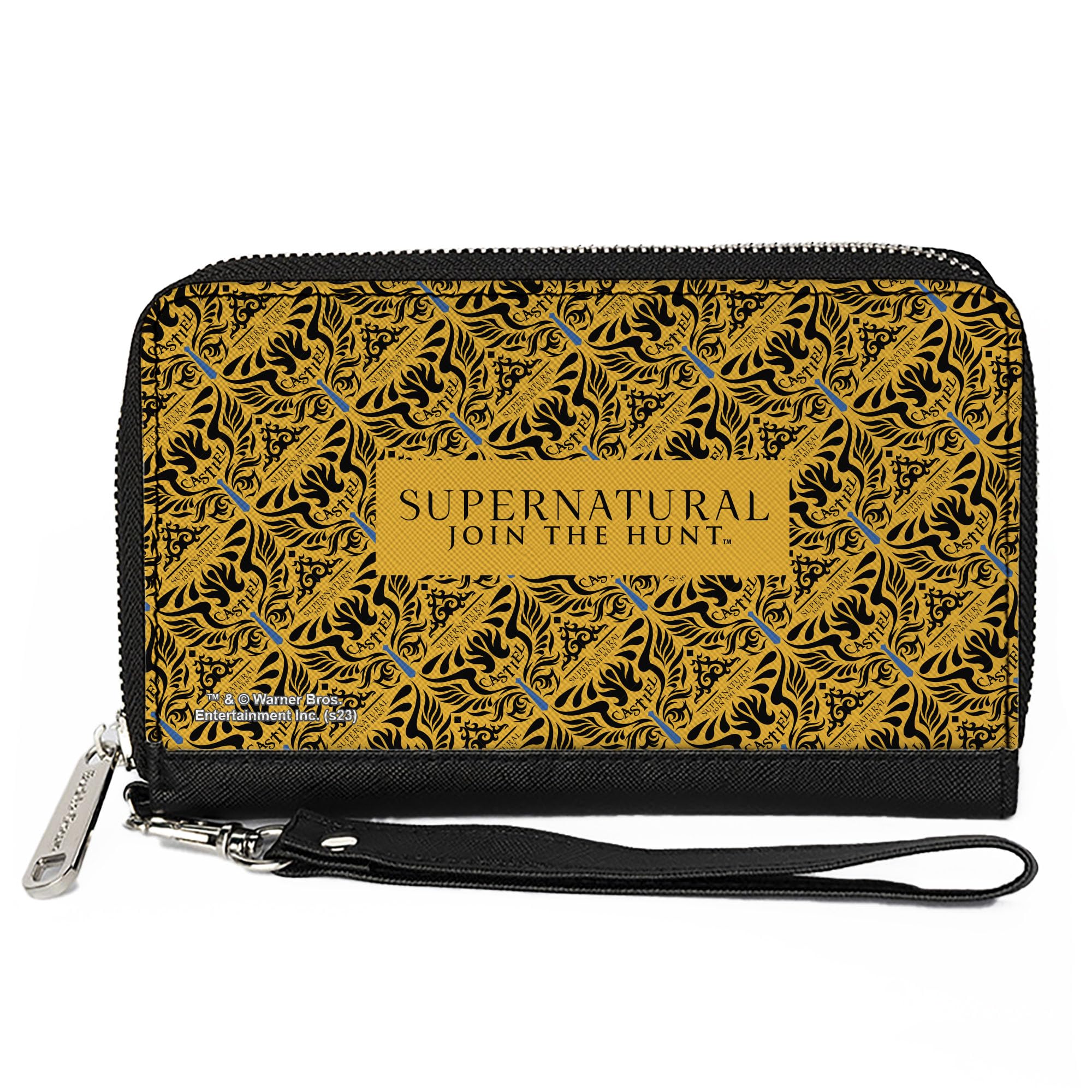 Supernatural Wallet, Zip Around, Supernatural Join the Hunt Logo Castiel Wings Yellow Black, Vegan Leather, 7.5"x4.5", Casual