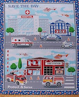 35" X 44" Panel Save The Day Hospital Police Department Fire Station Protect and Serve Firetrucks Police Cars Ambulances Helicopters Multicolor Cotton Fabric Panel (D370.55)