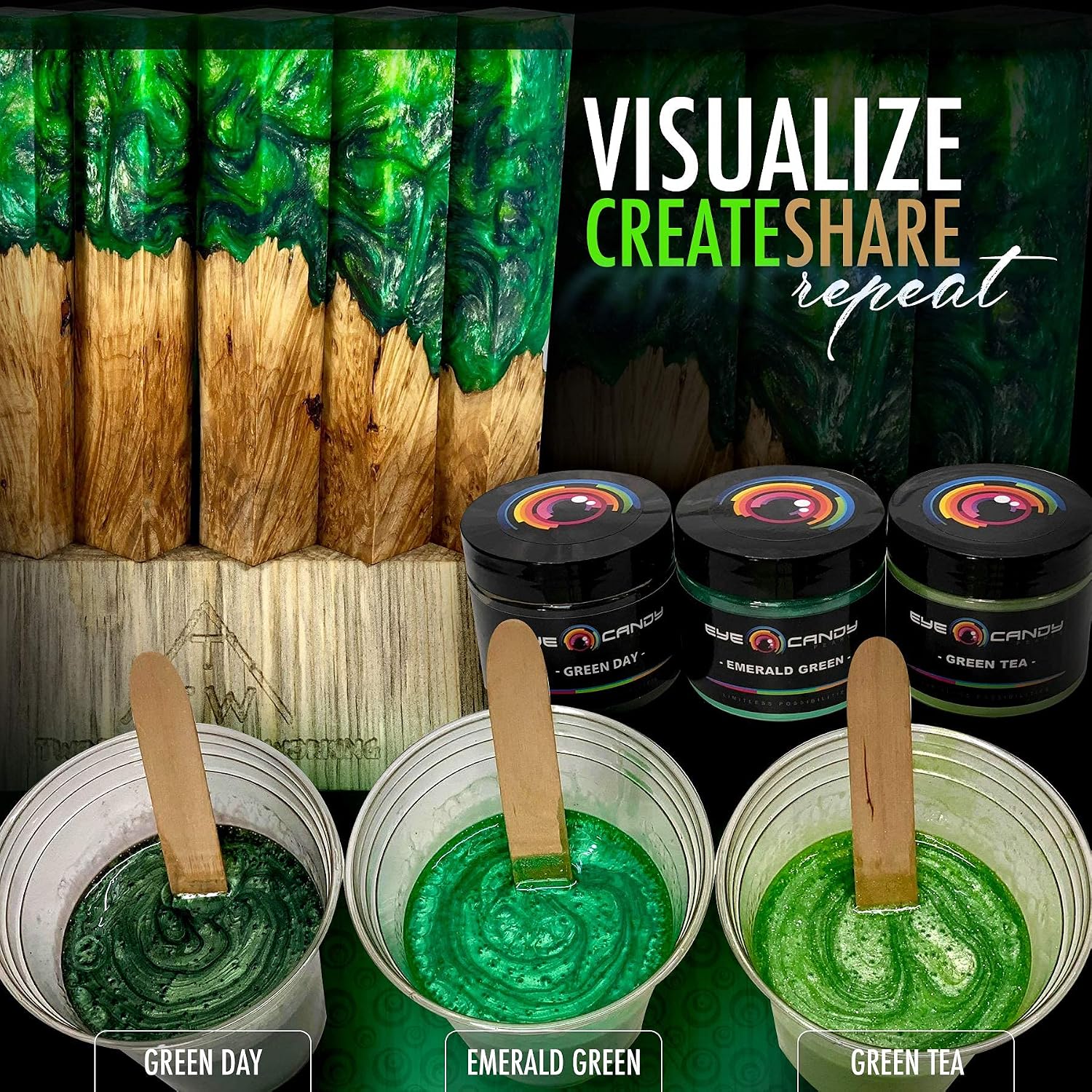Eye Candy Pigments Premium Green Mica Powder - Green Day (50gr) - for Epoxy, Resin, Soap, Paint, Woodworking, Acrylic Pouring, Bath Bombs, Fishing Lures - DIY Arts and Crafts Additive