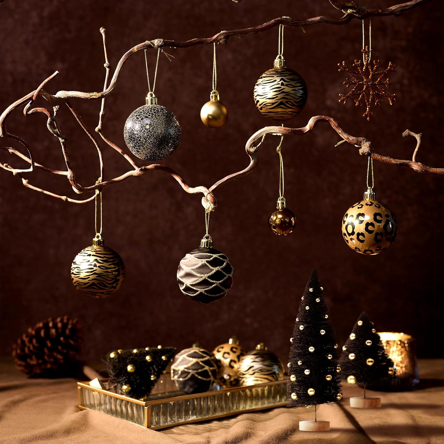 DecorbyHannah Black Gold Christmas Ornaments Tree Decorations, Assorted Shatterproof Leopard Theme Decorative Hanging Decorations with Small Tree, Gnome and Wooden Lighted Bird House for Home Party