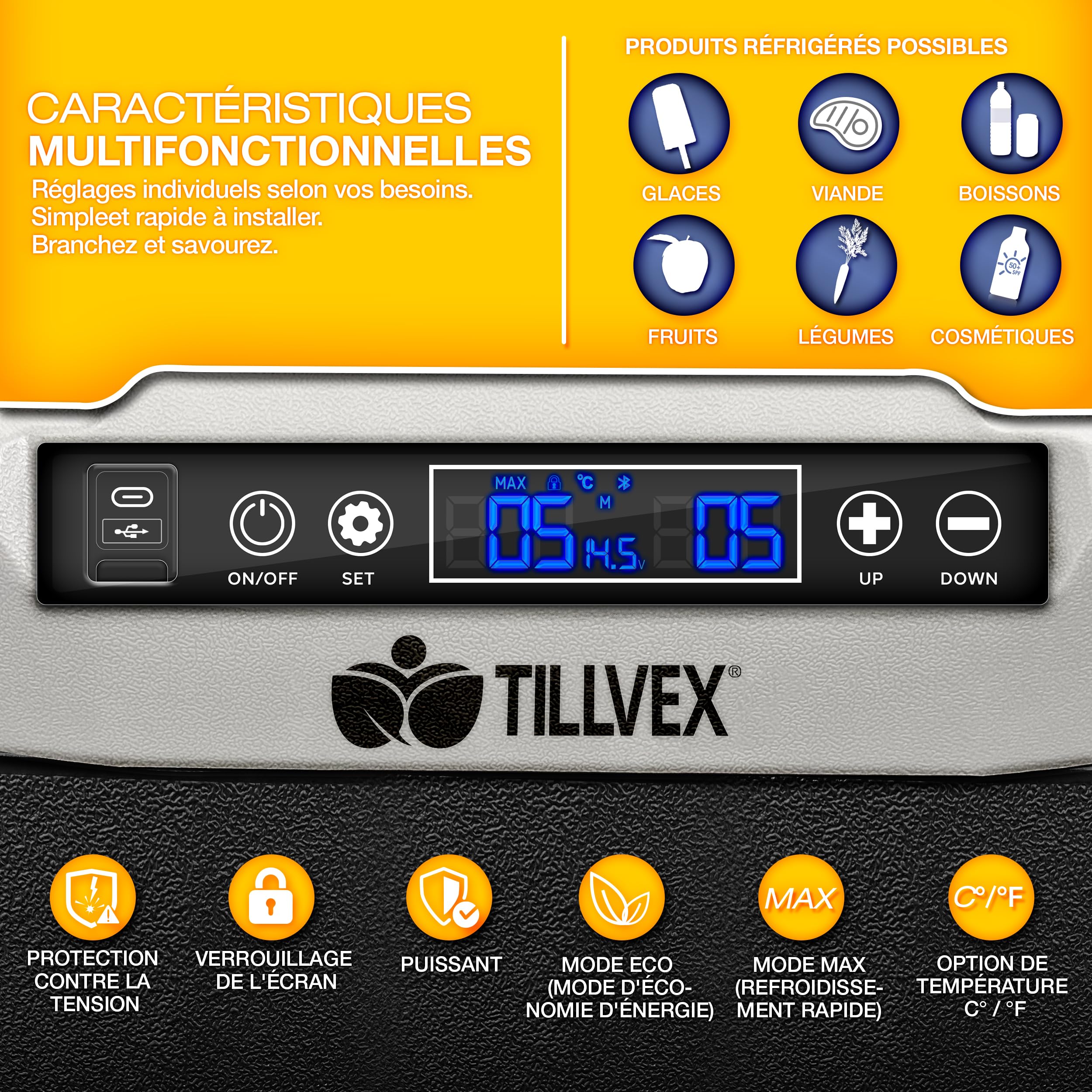 tillvex® Glacière à Compresseur | Congélateur Electrique avec Contrôle WiFi-APP, Port USB, 12/24 V 230V | Réfrigérateur jusqu'à -20 °C pour Voiture, Camion, Bateau, Camping-Car, Camping (Gris, 40 L)
