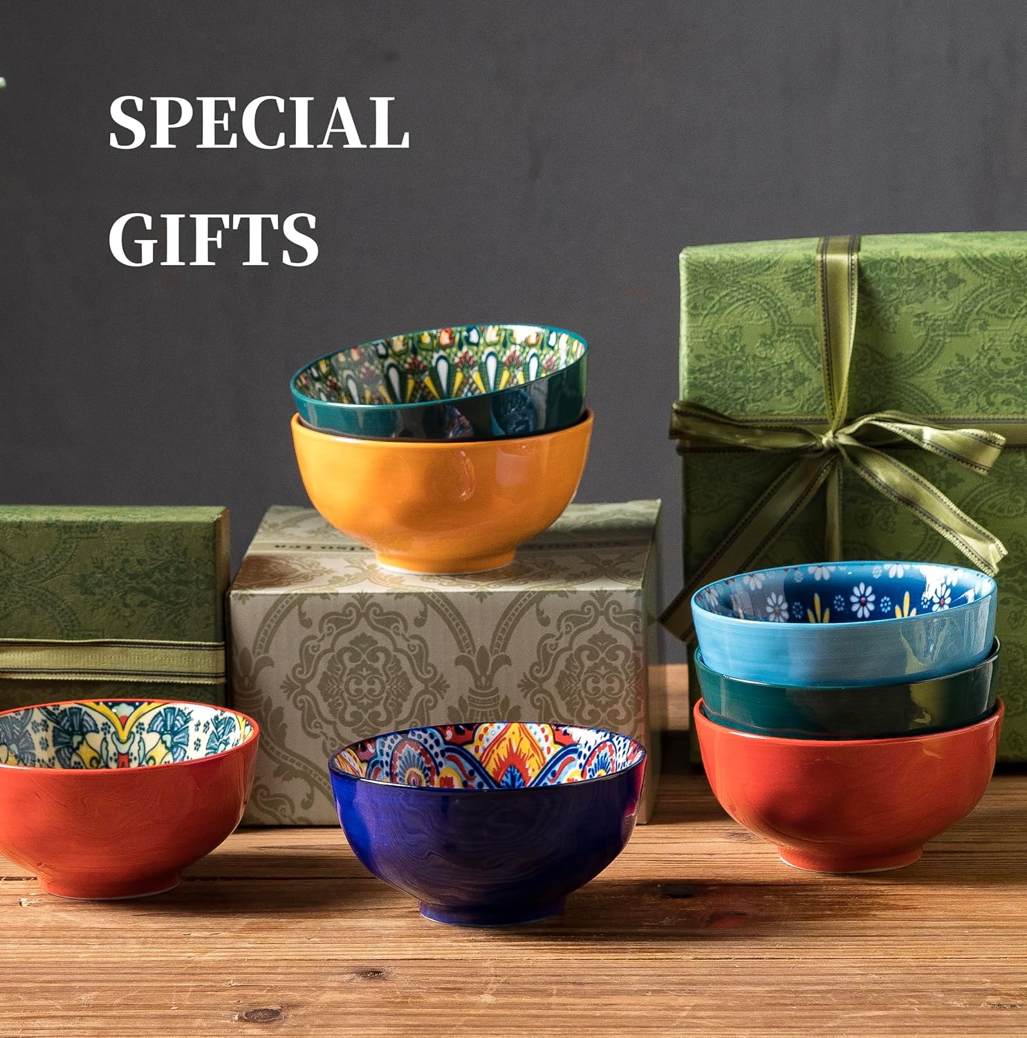 Bohemian Bliss 4.5-Inch Ceramic Bowls, Set of 4 - Colorful Dip Bowls, Salad Bowls, Snack Rice Bowls with Handcrafted Artisan Prints, Dishwasher & Oven Safe
