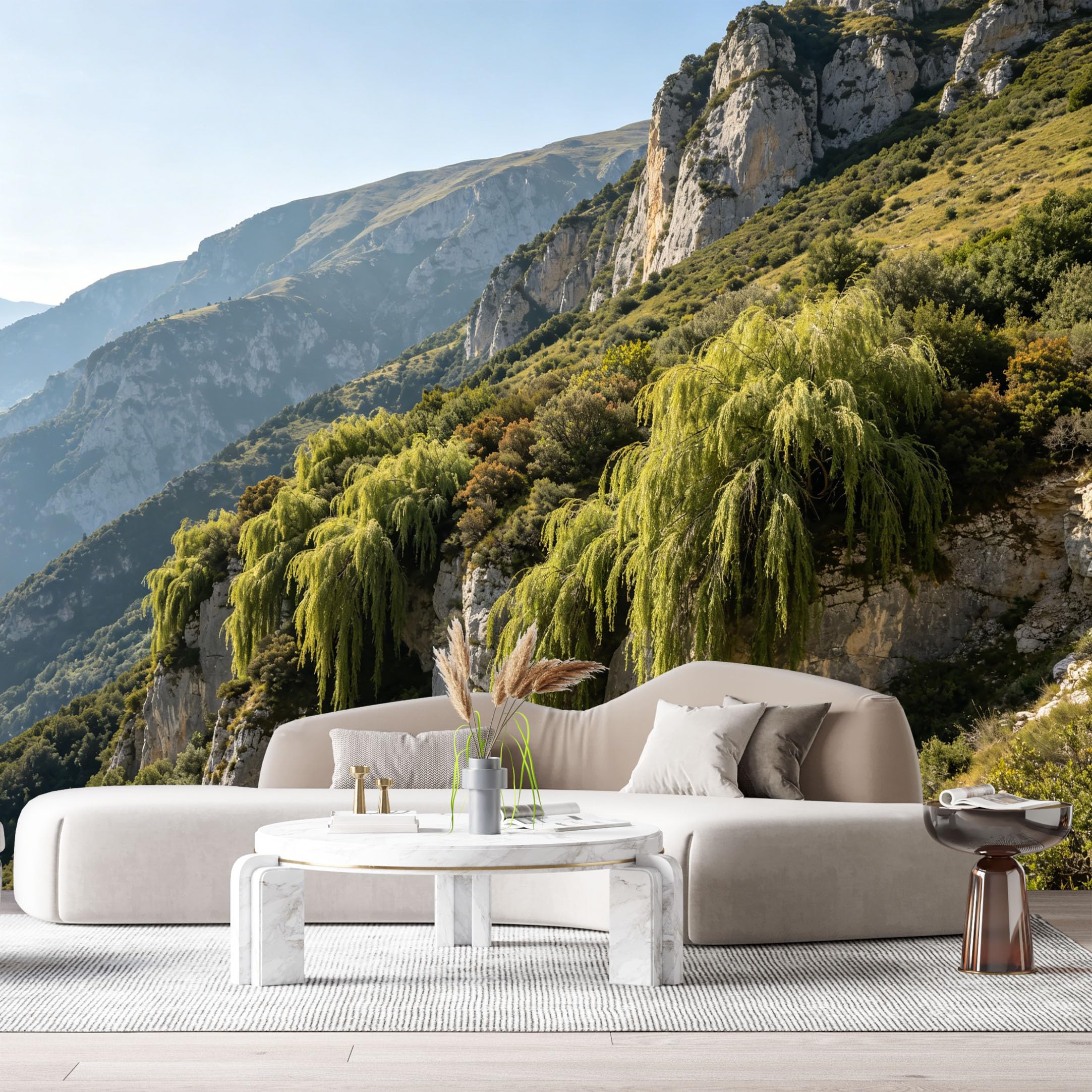 Custom Size Wall Murals Mountain Landscape Forest Cliffs Green Trees Natural Valley View SelfAdhesive Wall Fabric Removable Large Wallpaper for Photo Living Room