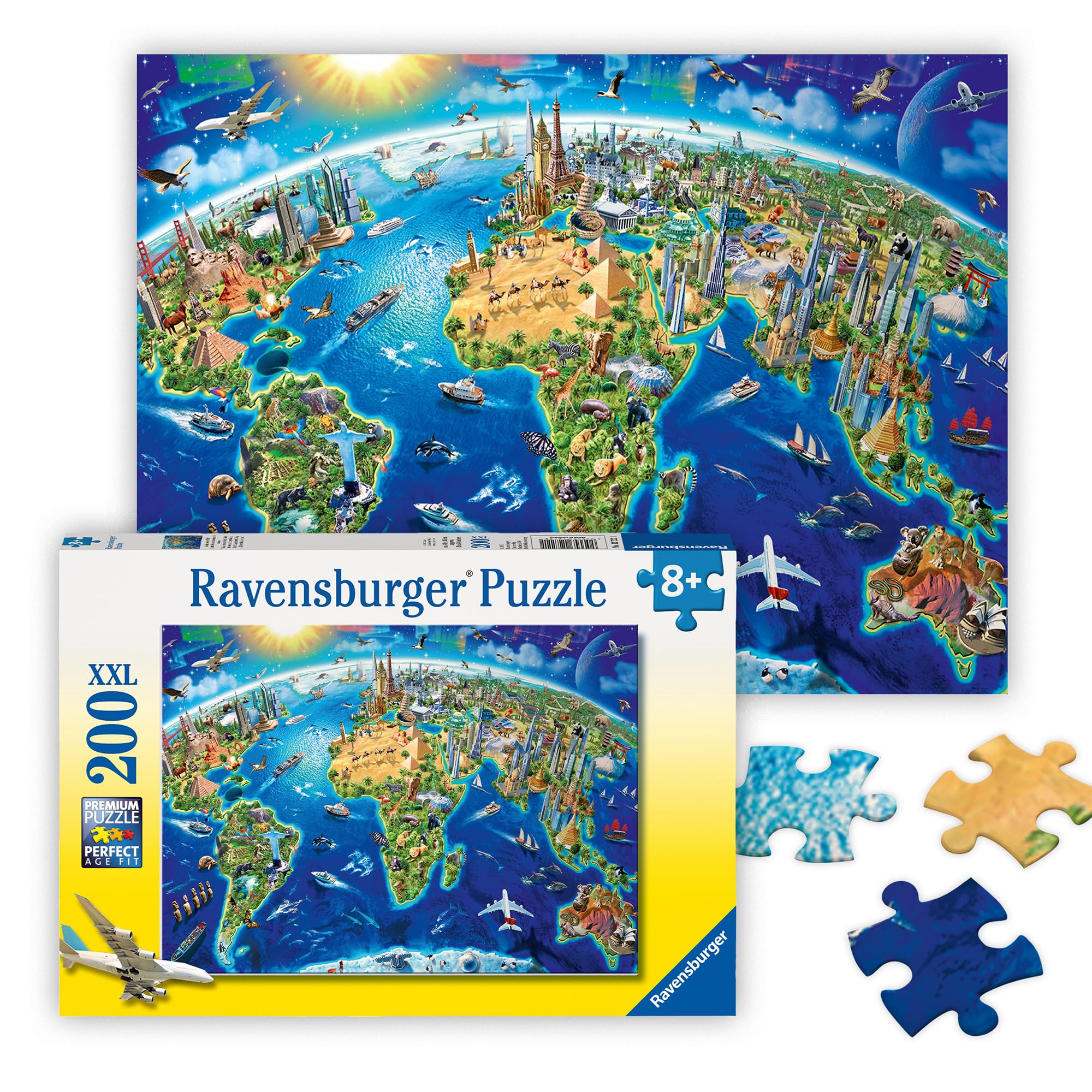 Ravensburger - World Landmarks Map - 200 Piece Jigsaw Puzzle - Stunning Imagery of Amazing Landmarks of The World - Vibrant Colors - Premium Quality - Ideal Gift - Screen-Free Fun - Children Ages 8+