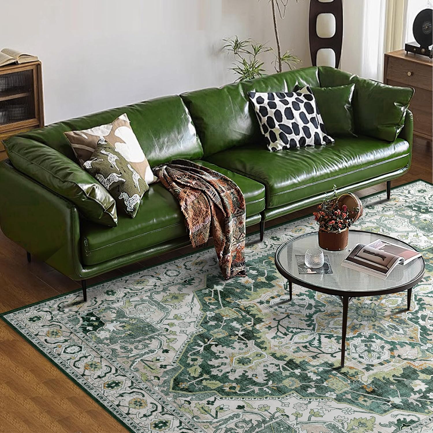 Deerly Green Vintage Area Rug 5x7 Boho Washable Large Living Room Bedroom Rugs Non Slip Low Pile 5x7 Rug for Kitchen Entryway Bedroom Dining Room Office, Green/Multi