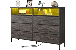 Dresser with LED Lights Charging Station, Grey Dressers for Bedroom