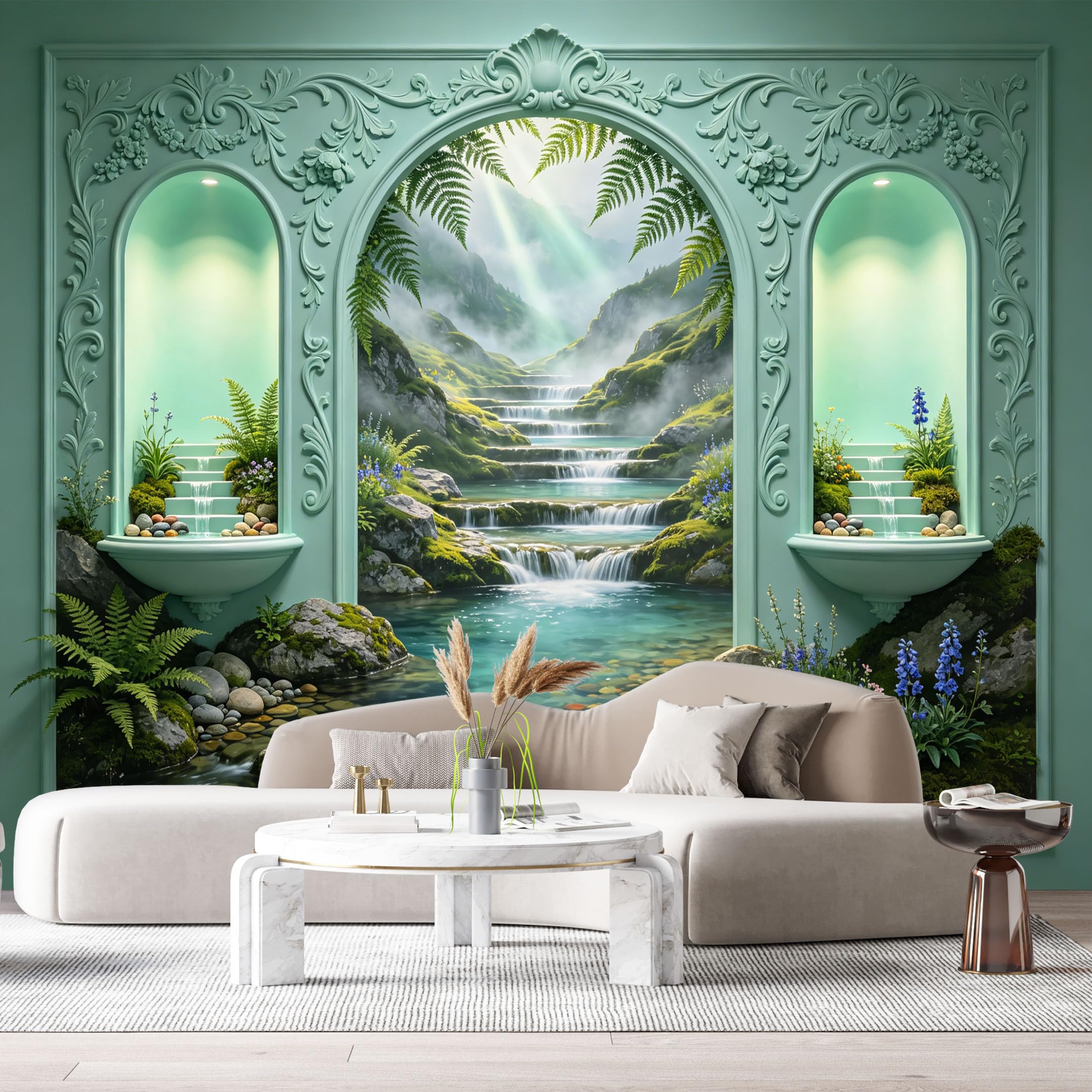 Custom Size Wall Murals Mint Green Arch Magical Waterfall Landscape Botanical 3D Trompe L'Oeil SelfAdhesiveWall Fabric Removable Wallpaper Wall Decor for Living Room Bedroom Bathroom