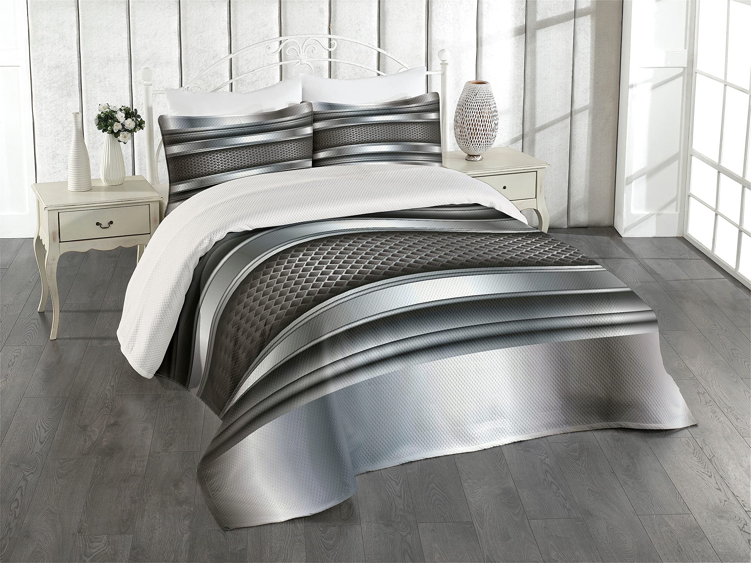 Ambesonne Grey Coverlet, Realistic Vivid Looking Steel Plates Image Heavy Industry Technology Themed Print, 3 Piece Decorative Quilted Bedspread Set with 2 Pillow Shams, King Size, Grey Taupe