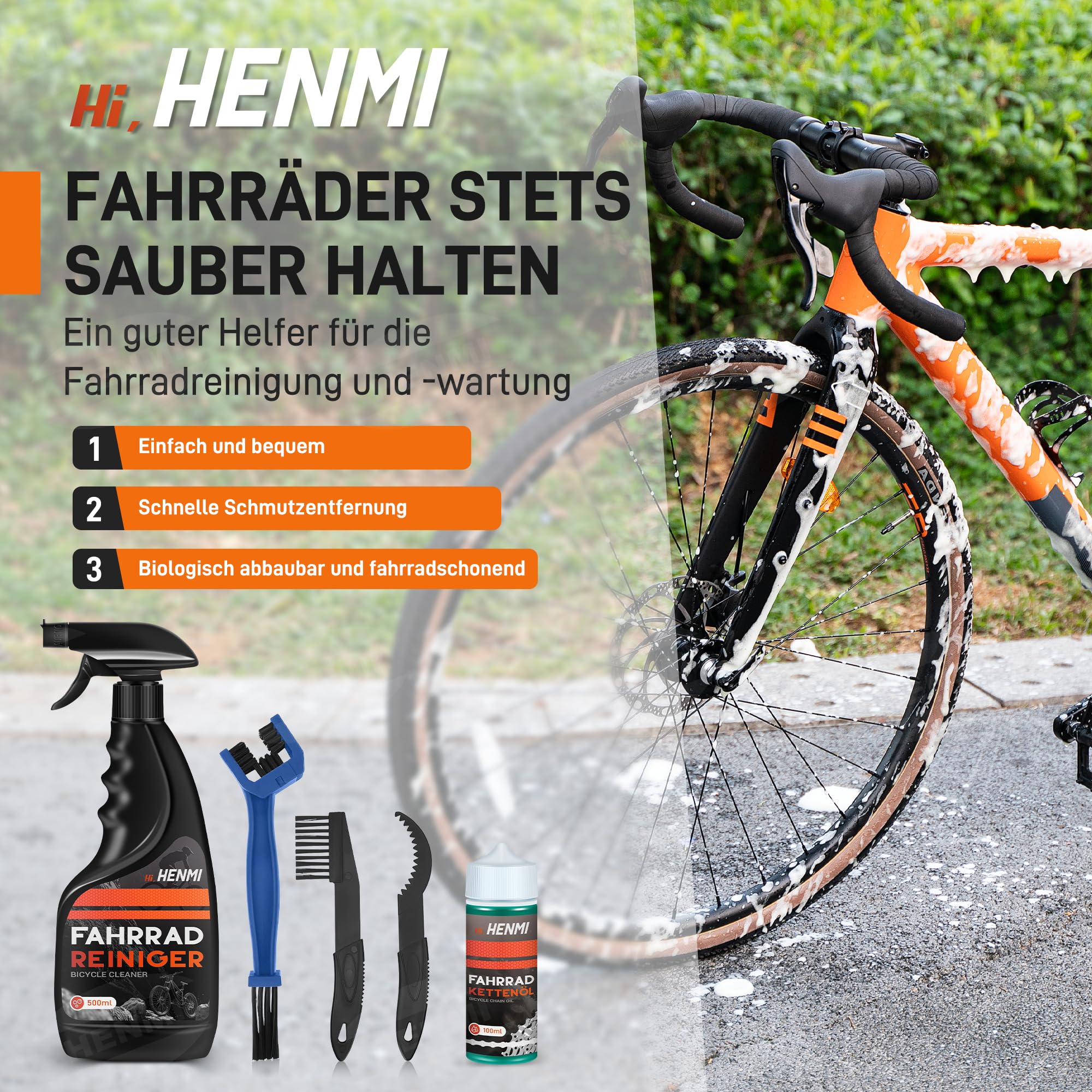 HENMI Fahrrad Reinigungsset, 7 in 1 Kettenreiniger Fahrradkette Set mit Fahrradreiniger 500ml + Fahrradkettenöl 100ml Clean Fit für Fahrradkette/Kurbel/Reifen/Radfahren Ecke Fleck für Alle Fahrräder