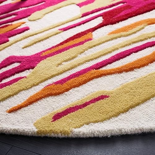 Miniatura 3 de SAFAVIEH Rodeo Drive Collection - Alfombra redonda de 6 pies, color marfil y rojo, hecha a mano de lana abstracta moderna de mediados de siglo,