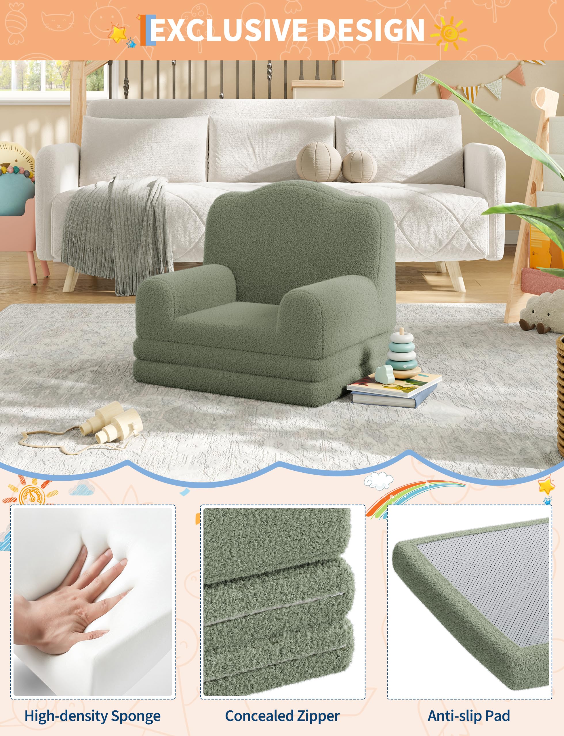 IDEALHOUSE Sofa dziecięca 2 w 1, składana i używana jako fotel, zielona