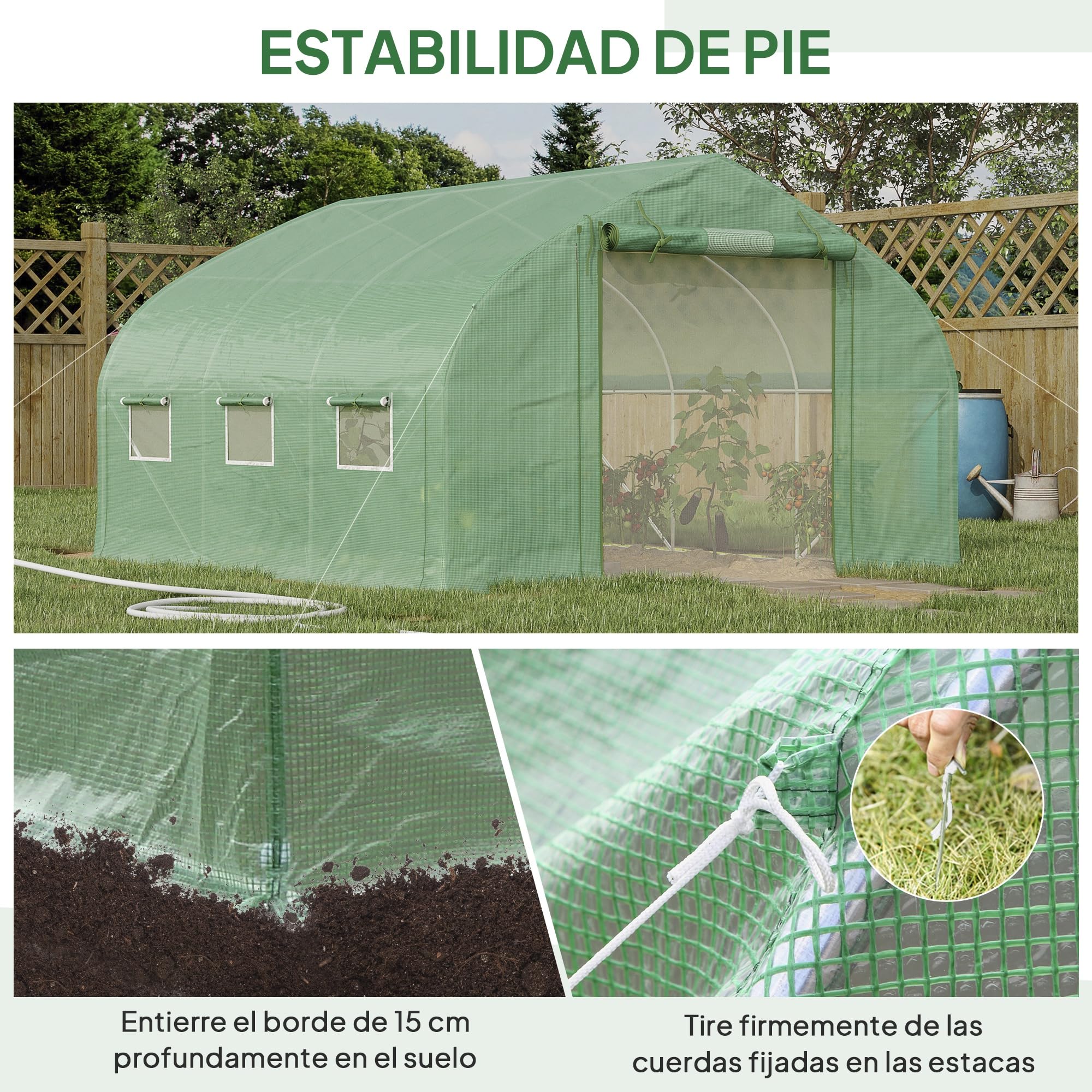 Outsunny Invernadero de Túnel 347x300x200 cm con Puerta Enrollable Verde | 6 Ventanas, Cubierta PE 140g/M² y Estructura de Acero Galvanizado para Cultivos, Plantas y Flores