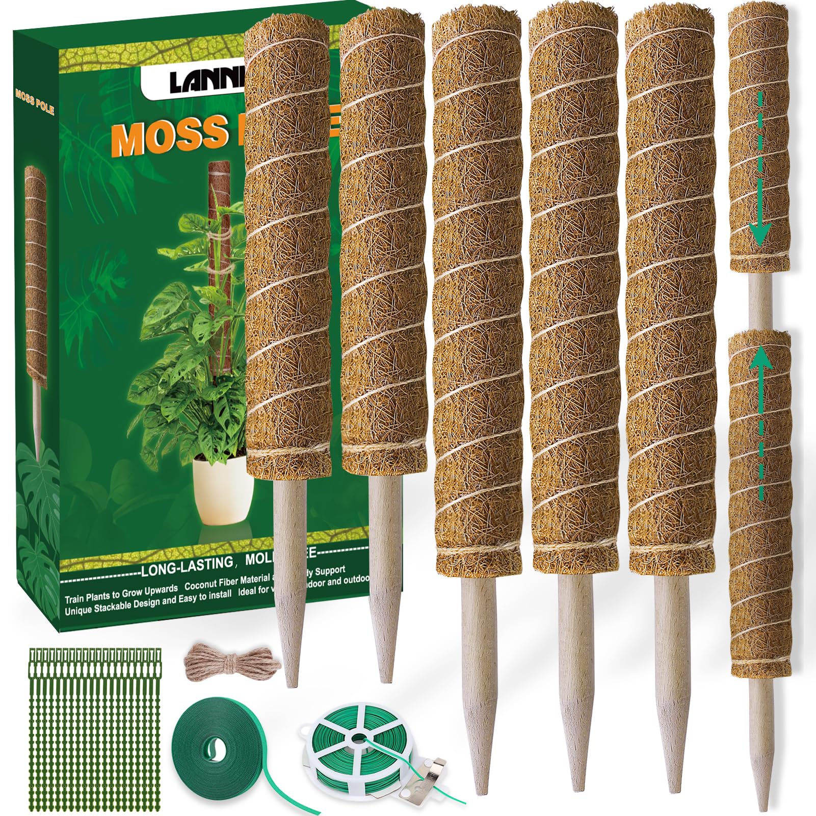 LANNEY Moss Pole 58.7 Inch 149cm, 5PCS Moss Poles for Plants Monstera, 44cm and 30cm Coir Totem Pole, Moss Sticks for Indoor Plant Support Extension, Train Philodendron Creepers Grow Upwards