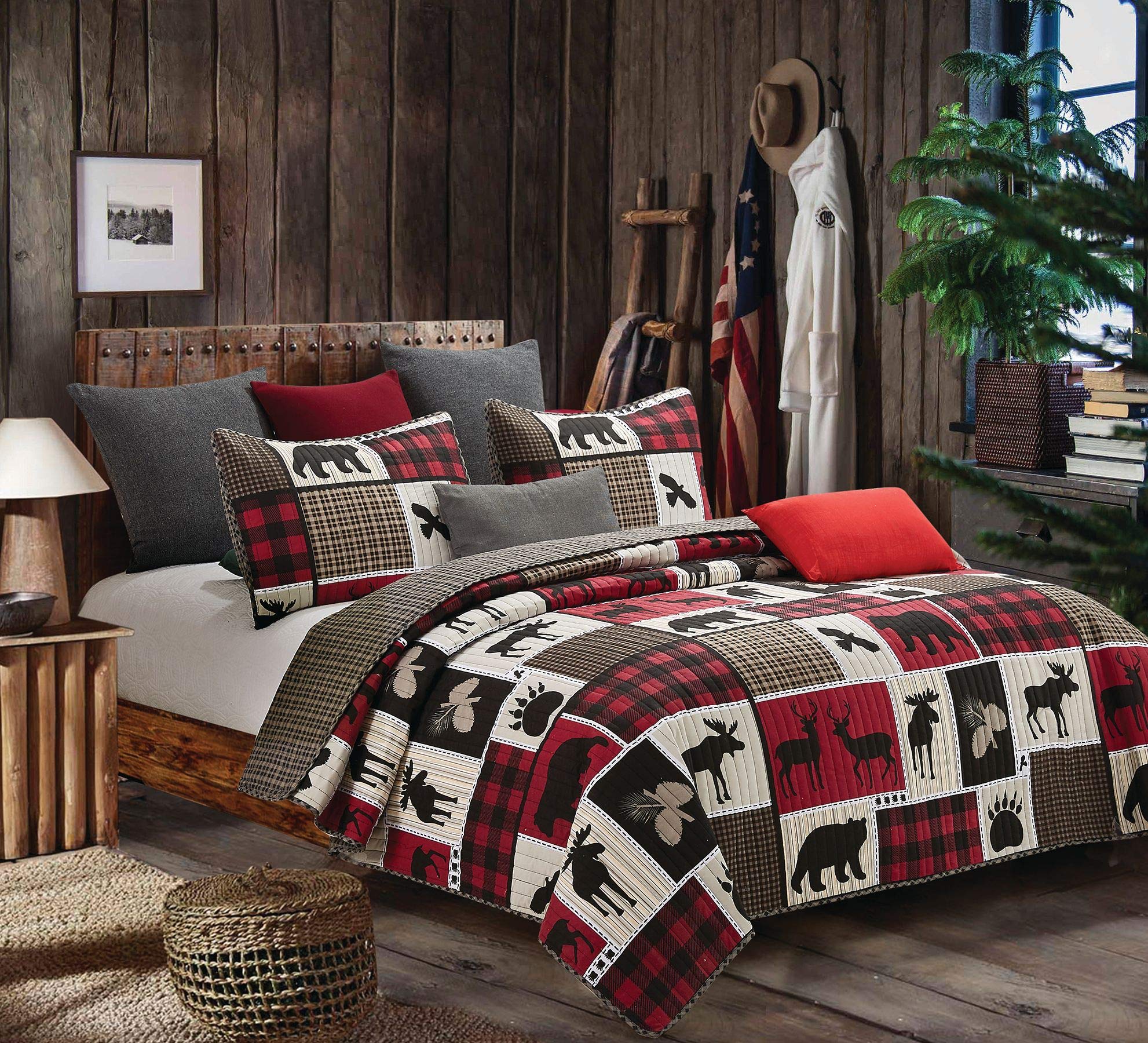 Virah Bella Lodge Twin Quilt Set - Lodge Life Quilt and Standard Sham Bedding Set with Animal and Buffalo Plaid Pattern