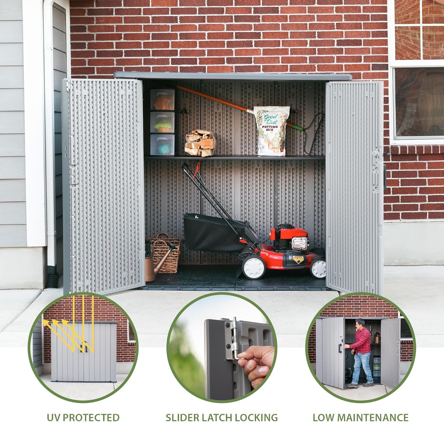 ภายใน view of the shed showing a lawnmower, potting soil, and various tools stored inside.