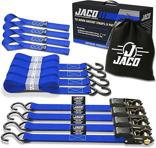 Miniatura 9 de JACO - Correas de amarre con trinquete, 1 pulgada x 15 pies (paquete de 4) 1,823 libras (negro)