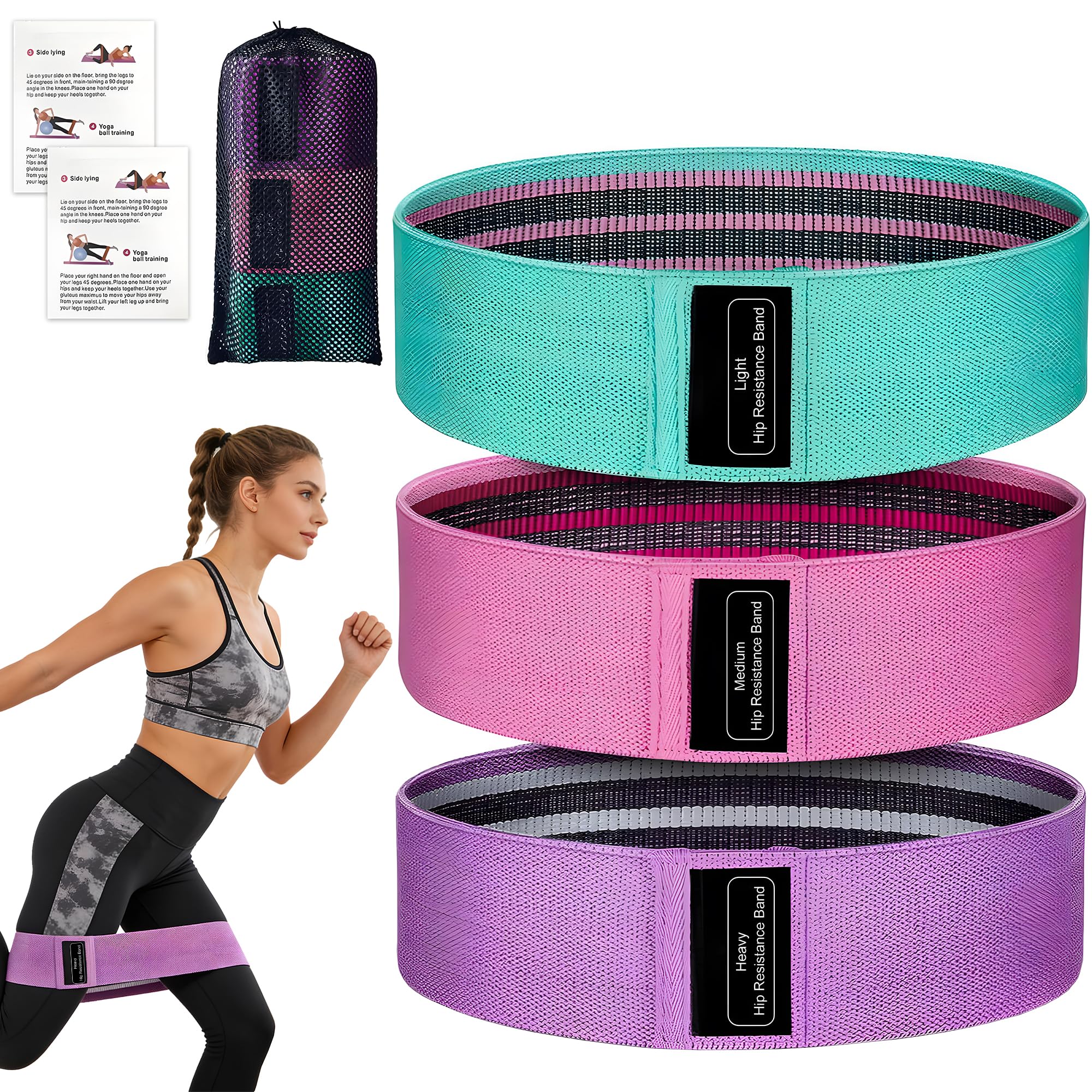 3 Pack Fabric Resistance Bands, Non-Slip Yoga Bands & Pilates Equipment for Women and Men with Three Resistance Levels, Carry Bag - Perfect for Yoga, Pilates, Strength Training and Home Gym Workouts