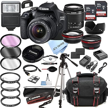 canon eos 2000d rebel t7 dslr camera wef s 18 55mm f3 5 5 6 zoom lens 128gb memory case tripod filters 36pc bundle