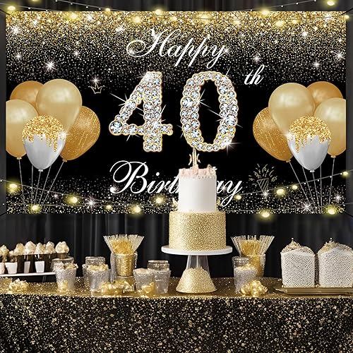 Miniatura 4 de Decoraciones de feliz cumpleaños 40 para hombres y mujeres, pancarta de fondo de cumpleaños número 40 negro y dorado, cartel de patio, accesorios de