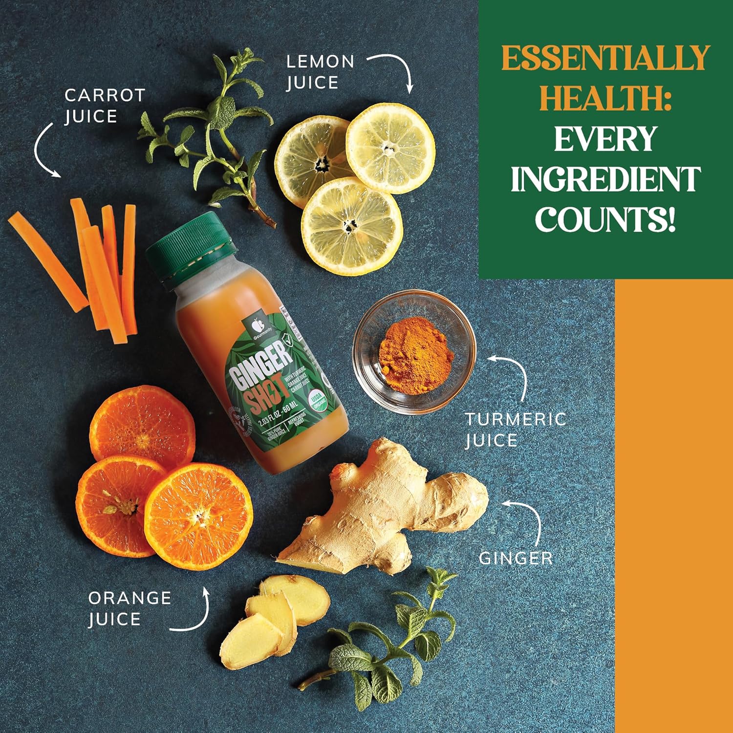Gourmanity Organic Peruvian Ginger Shots, with Turmeric, Orange and Carrot Juice for Added Wellness, Easy Grab & Go Ginger Shots Bottles, No Additives or Fillers (12 x 2.03oz/60 ml) - Image 4