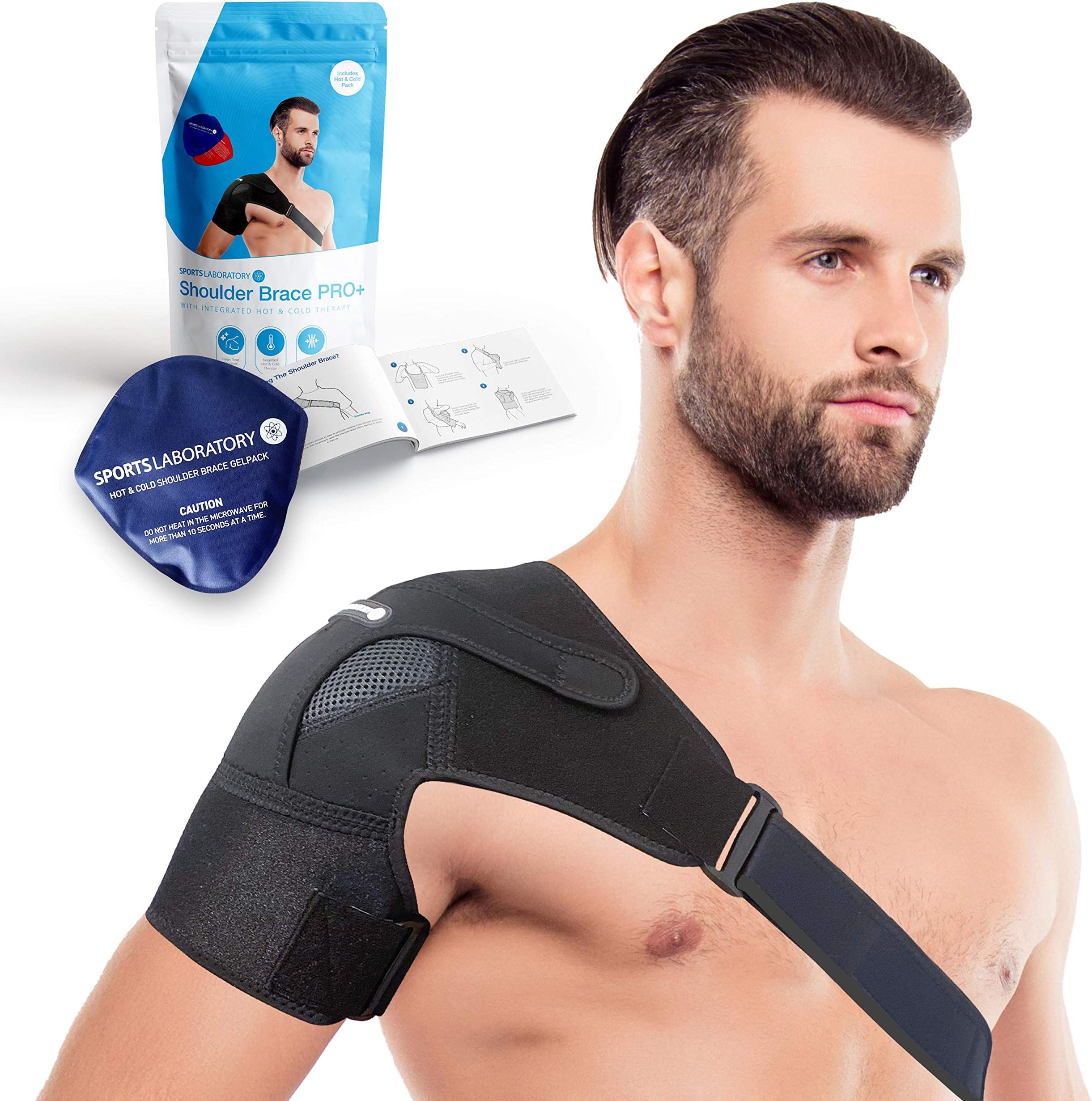 Sports Laboratory Shoulder Support Brace Integrated Hot & Cold Therapy Pack, Adjustable Size, Rotator Cuff Support, Frozen Shoulder, Dislocated AC Joint, Sprains with Gel Pack & Booklet, Men & Women