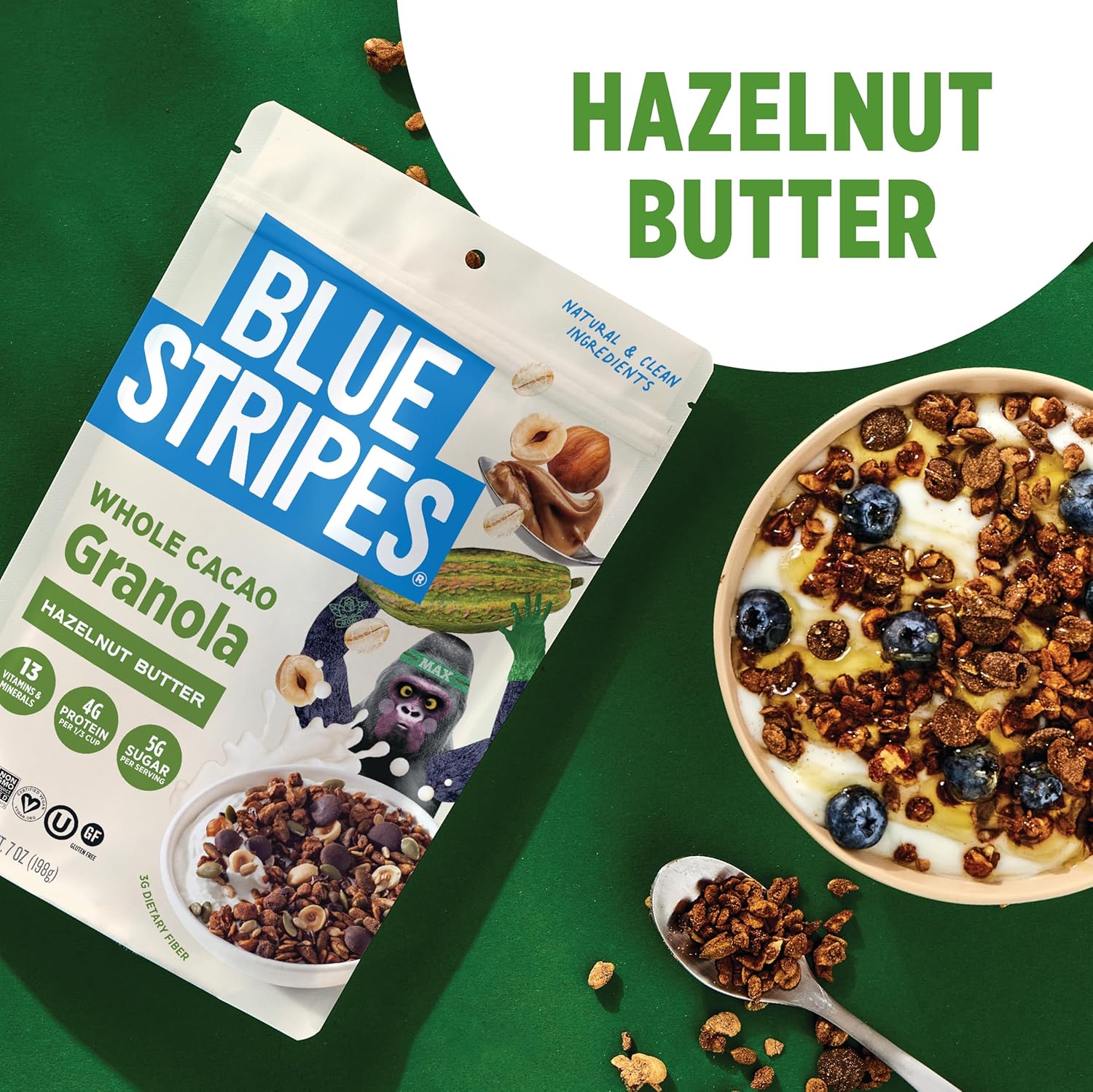 Blue Stripes Hazelnut Butter Granola - Whole Cacao Gluten Free Granola for Cereal, Yogurt, Snacking | 4g Protein Per Serving | No Refined Sugar, Vegan, Non GMO - 7 oz Bag (6 Pack)