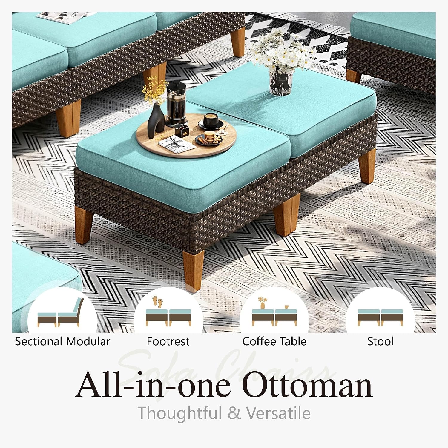 Sophia & William Outdoor Wicker Sectional Sofa Set, 10 Piece Half Moon Curved Patio Furniture Modern Round Outdoor Couch Conversation Set with Ottoman for Backyard, Deck, Garden(Aqua Blue)