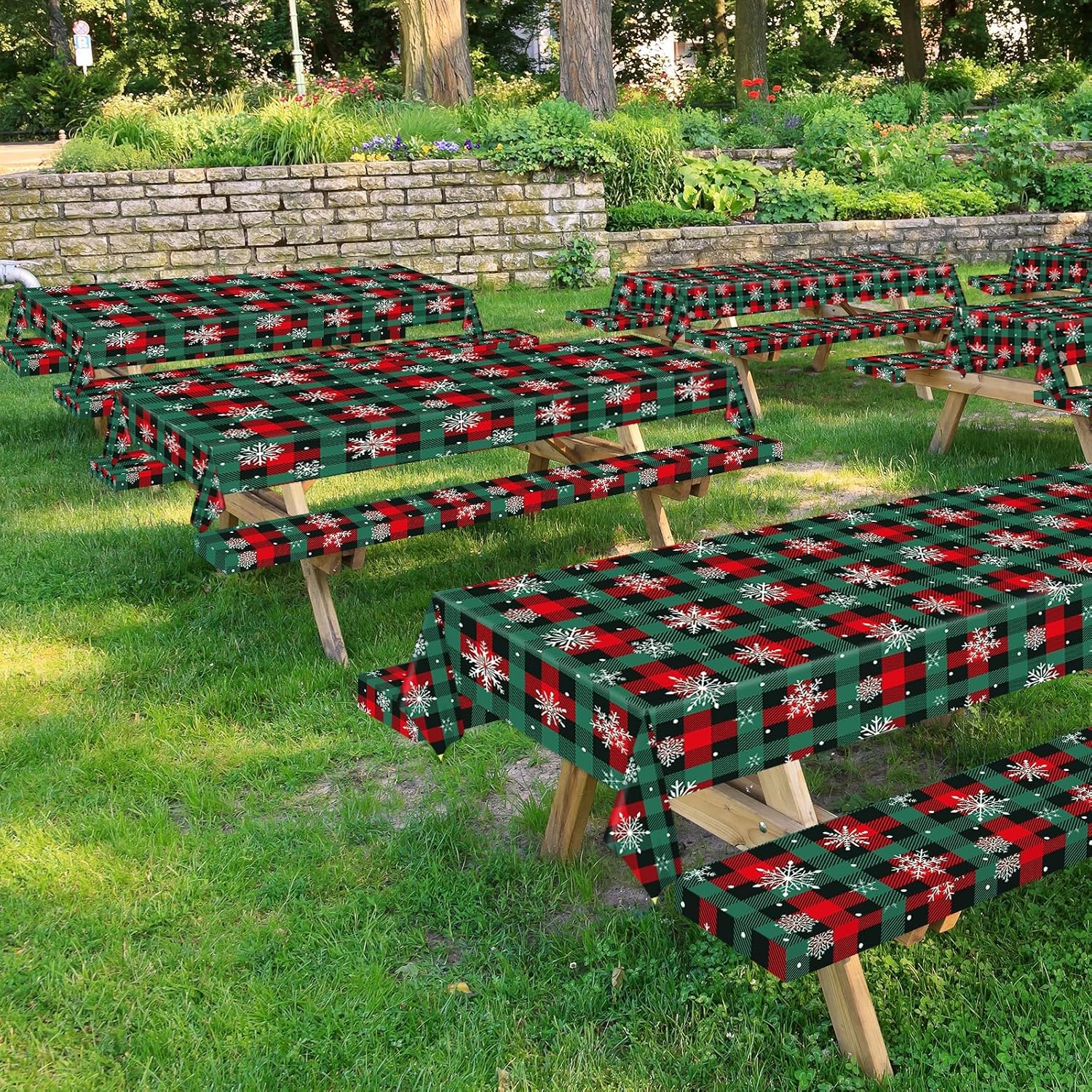 Christmas Buffalo Plaid Snowflake Tablecloth Roll with Cutter Box Disposable Red and Green Checkered Snowflake Plastic Table Cover for Winter Christmas Party Holiday Decor 100 Ft x 51 Inch