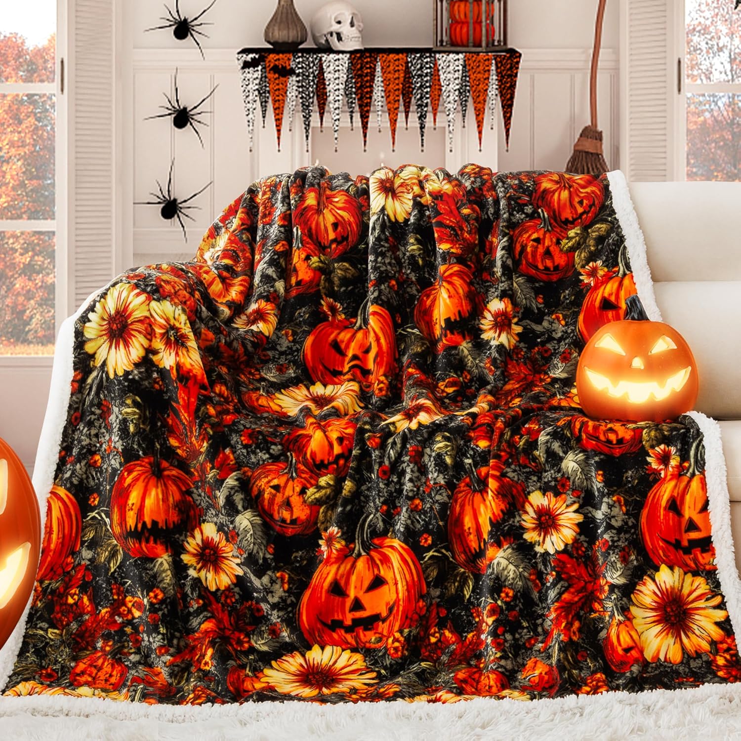 ROMROL Halloween Throw Blanket, Fall Sherpa Throw Blankets, Pumpkin, Leaves Fall Blanket, Soft Fuzzy Plush for Couch Sofa or Bed, Warm Flannel Blanket for Halloween Fall Decor (50" x 60") - Image 2