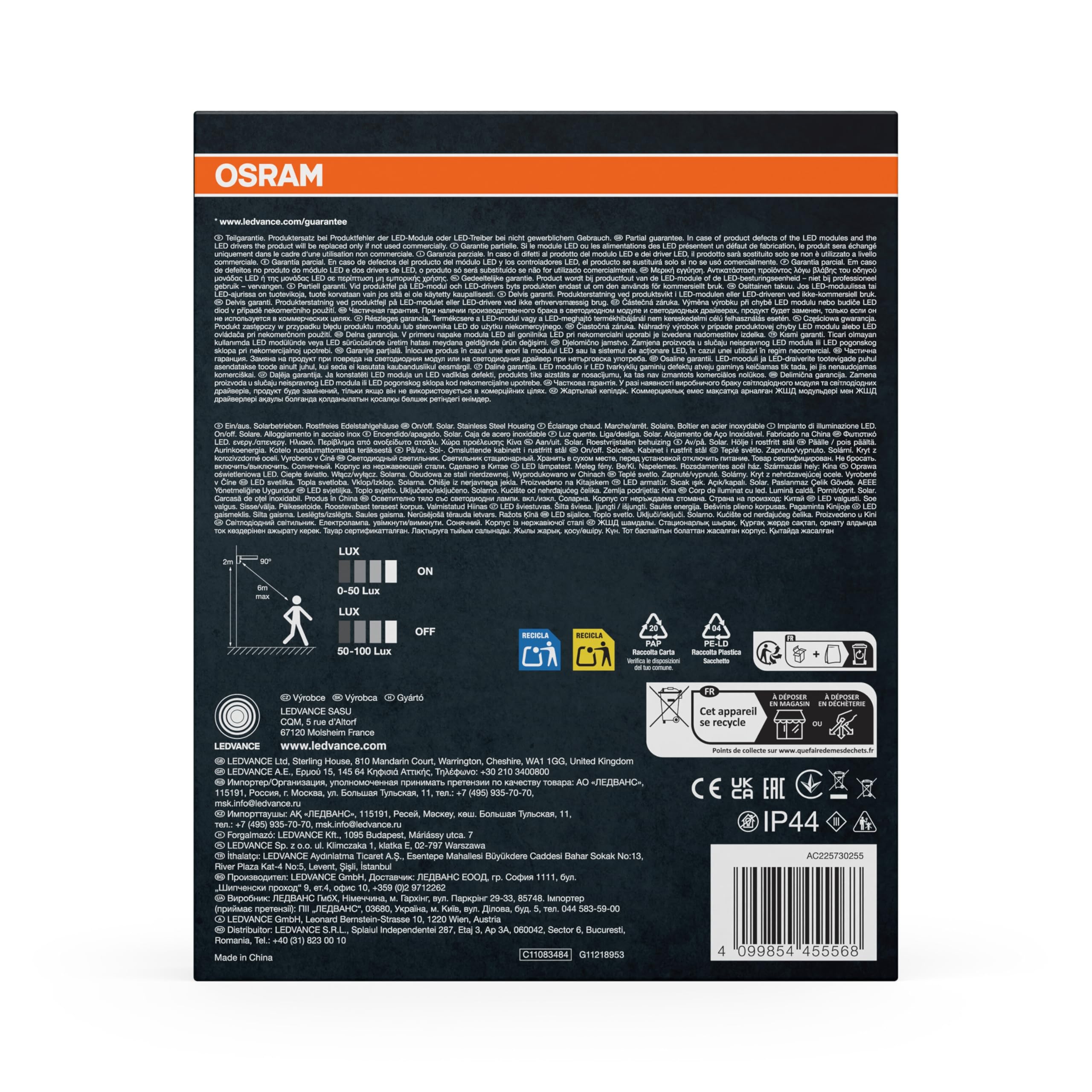 OSRAM ENDURA Style Solarna lampa ścienna, czarna, stal nierdzewna, IP44, czujnik ruchu i światła dziennego, zasilana energią słoneczną, idealna do stosowania na zewnątrz