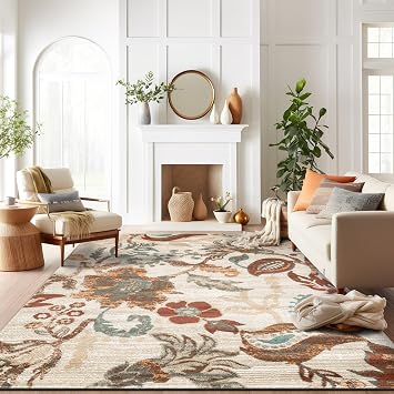 Rugshop Beige Floral Area Rug- Vintage Botanical Indoor Carpet for Living Room, Bedroom, or Dining Room Non-Shedding, Soft Low-Pile Traditional Rug 7 10" x 10