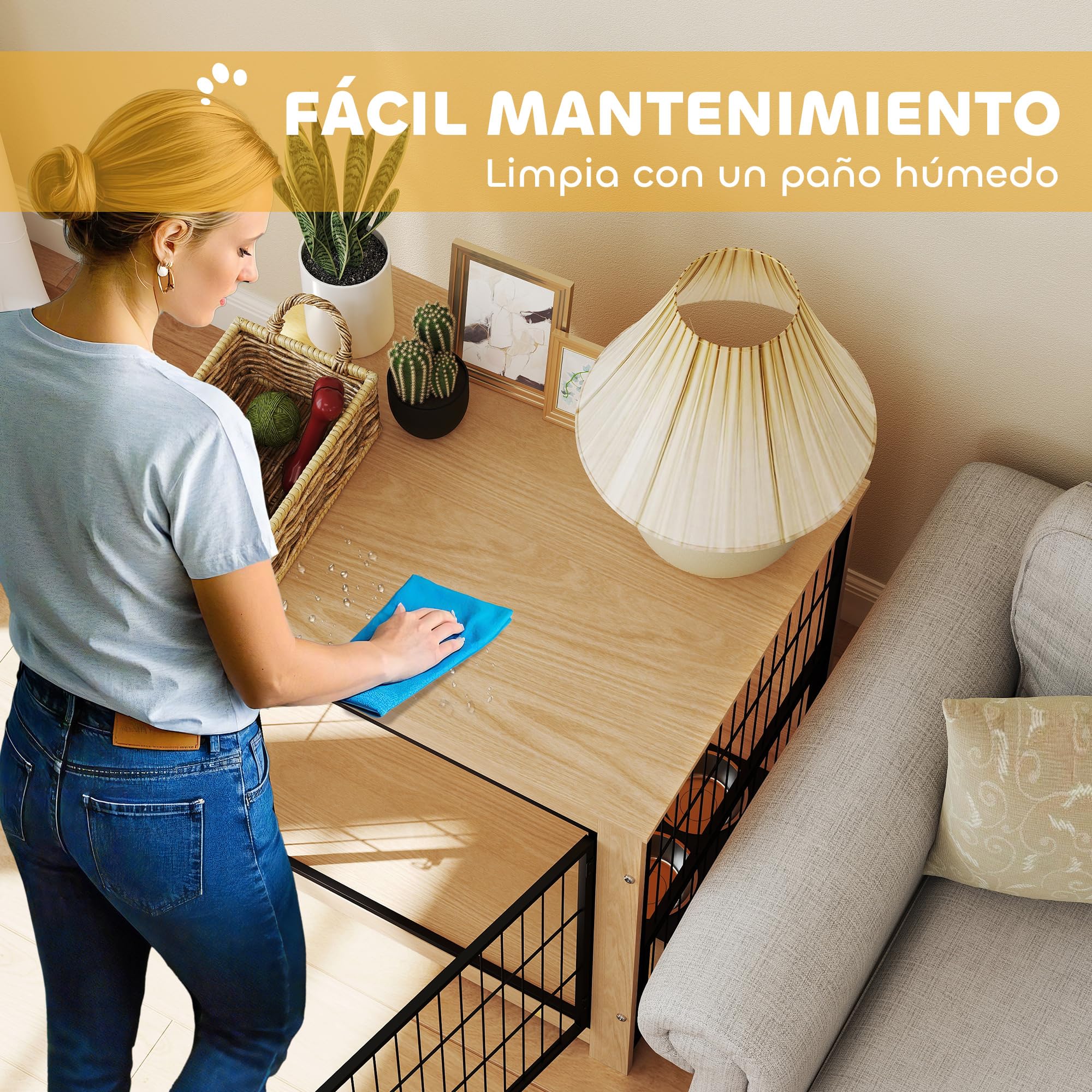 PawHut Jaula para Perros Moderna Mesa Auxiliar Casa para Mascotas con 2 Puertas, Soporte Giratorio con 2 Tazones, Estructura de Acero para Perros Medianos 80x60x68 cm Roble