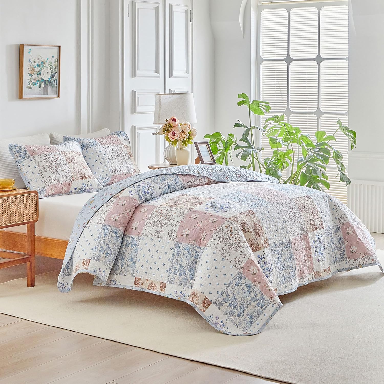 Joyreap Floral Cotton Quilt Set, Elegant Flowers Grid Patchwork Design, 3 Pieces Queen Size Quilt Bedding Set, Soft n Cozy Bedspread Bed Cover for All Season- 90x90 inches - Image 2