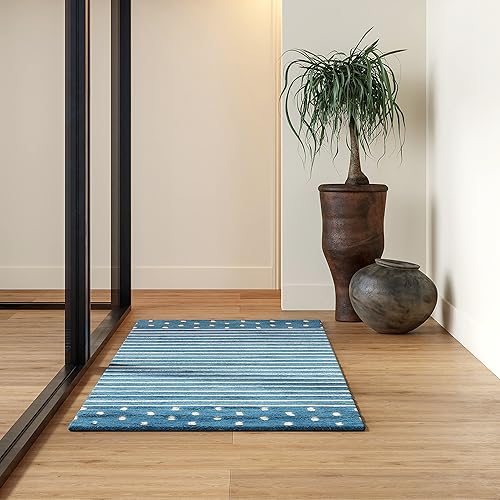 Rugs USA x Arvin Olano Mandia - Alfombra de lana a rayas, azul bebé, 2 x 6 pies