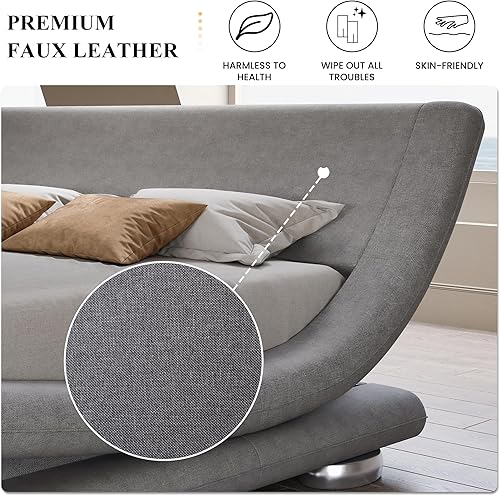 Miniatura 5 de SHA CERLIN Base de cama tapizada de tamaño matrimonial, cama de trineo de perfil bajo de lujo con cabecera ergonómica de lino, no necesita somier y
