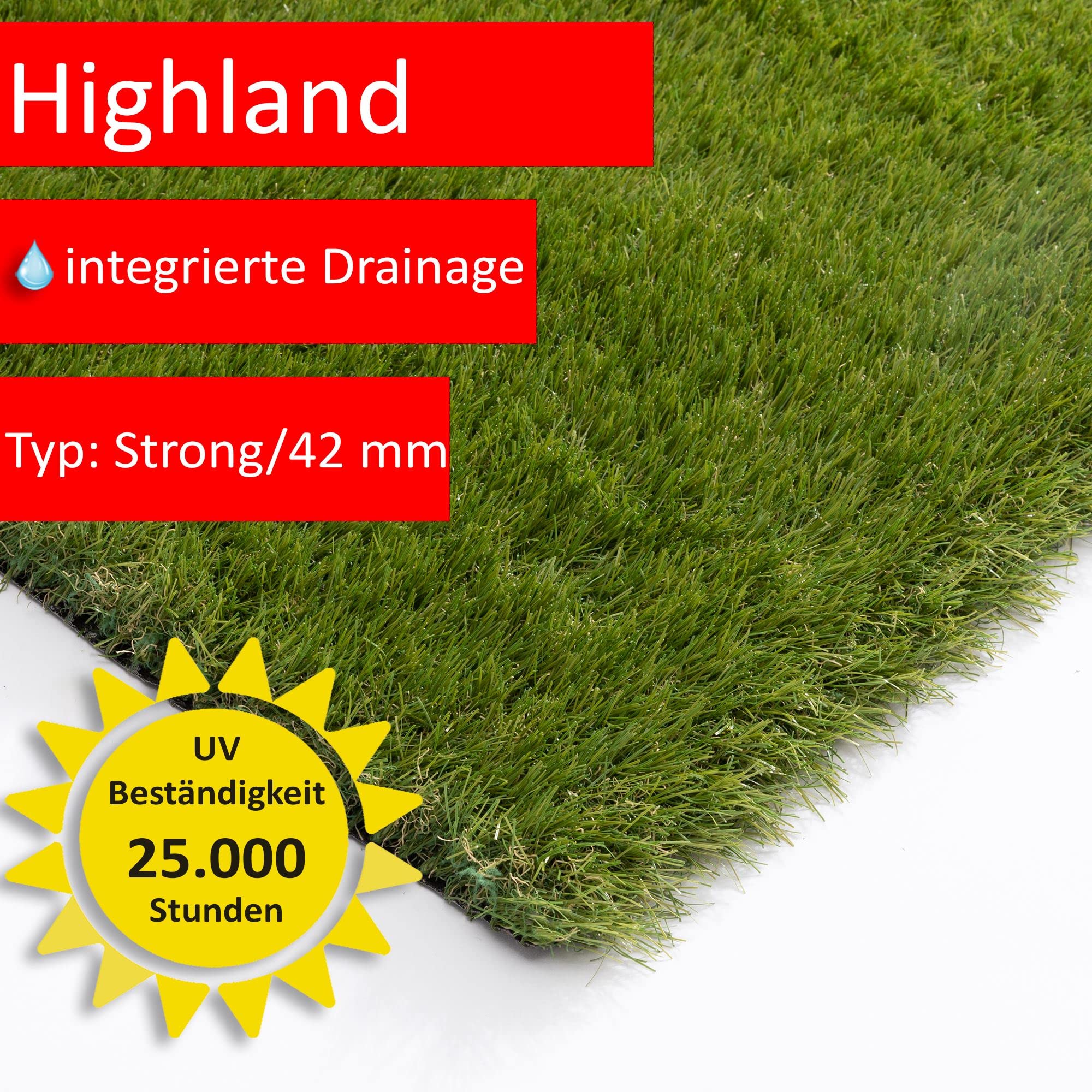 Steffensmeier Kunstrasen Highland 37 mm 2.622 g/m² extrem UV-beständig+ Strong Kollektion Grün, Größe: 200x200 cm