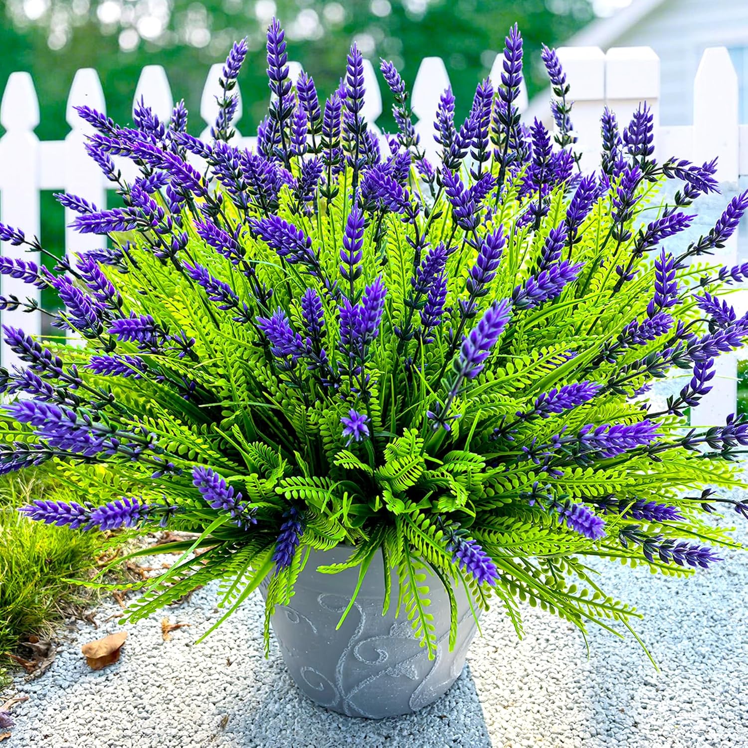 17.8" Tall Artificial Faux Plants Flowers for Outdoor Spring Summer Decorations, UV Resistant Fake Lavender Flowers Realistic Fake Plants Monkey Grass for Porch Garden Patio Window Box
