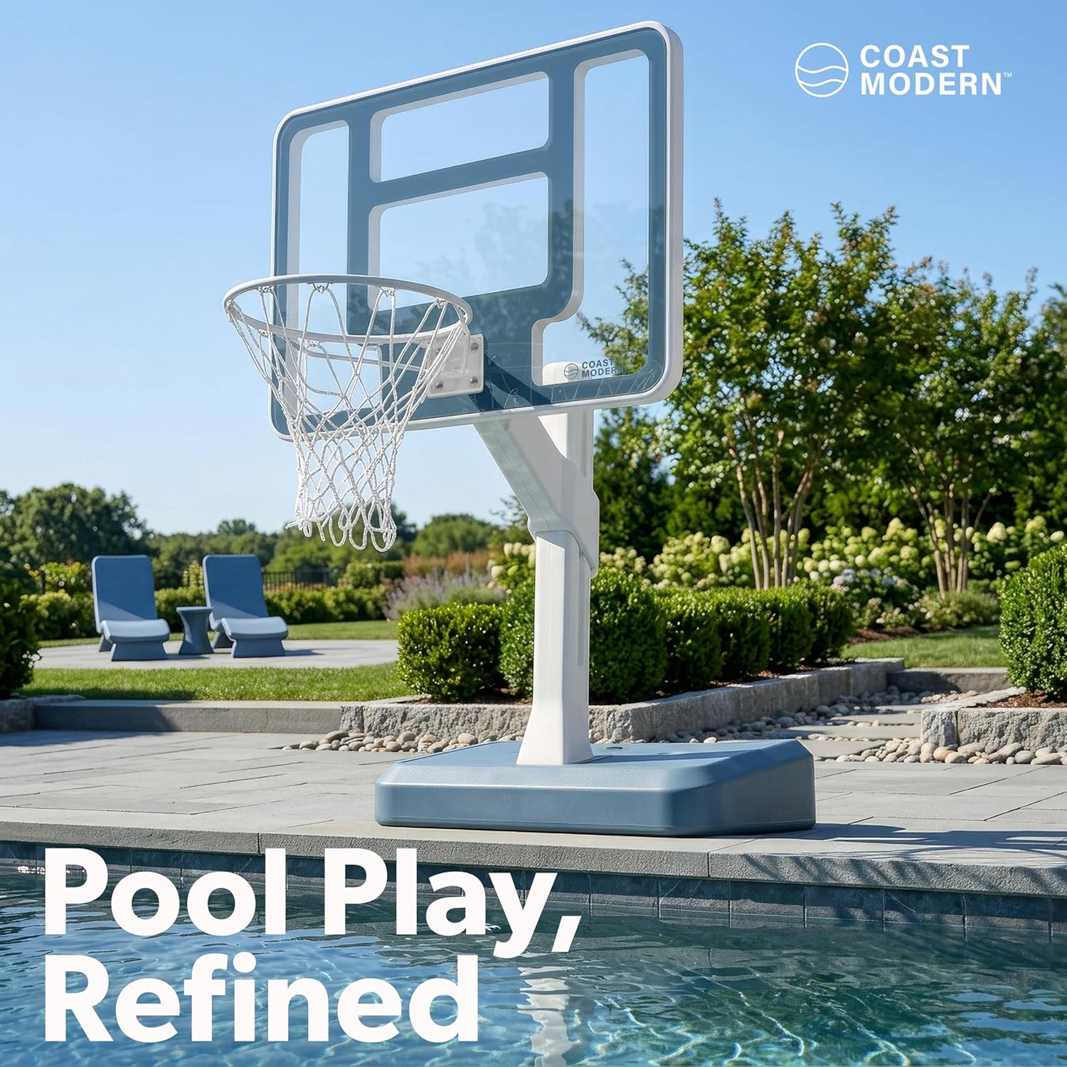 Coast Modern Pool Basketball Hoop with Adjustable Height - Poolside Basketball Hoop with Weighted Base, Premium Acrylic Backboard, & 18" Steel Rim