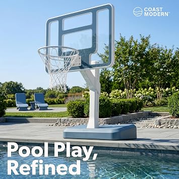 Coast Modern Pool Basketball Hoop with Adjustable Height - Poolside Basketball Hoop with Weighted Base, Premium Acrylic Backboard, 18 Steel Rim