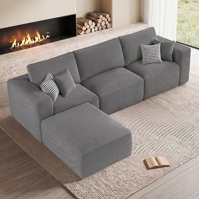 Living&Giving（WALKBON） 111" Modular Cloud Boneless Couch, L-Shaped Sectional Sofa with Ottoman