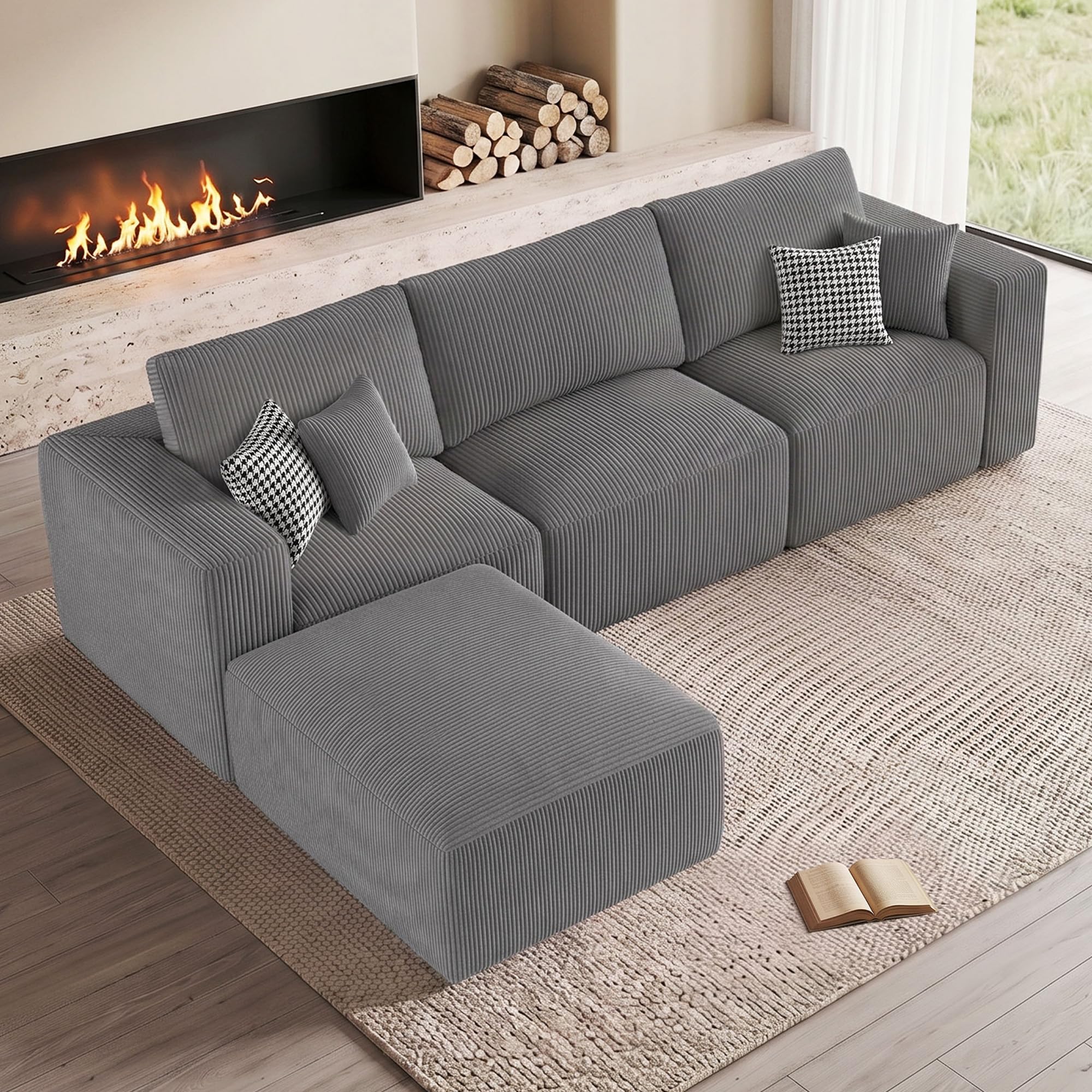 Living&Giving（WALKBON） 115" Modular Cloud Boneless Couch, L-Shaped Sectional Sofa with Ottoman