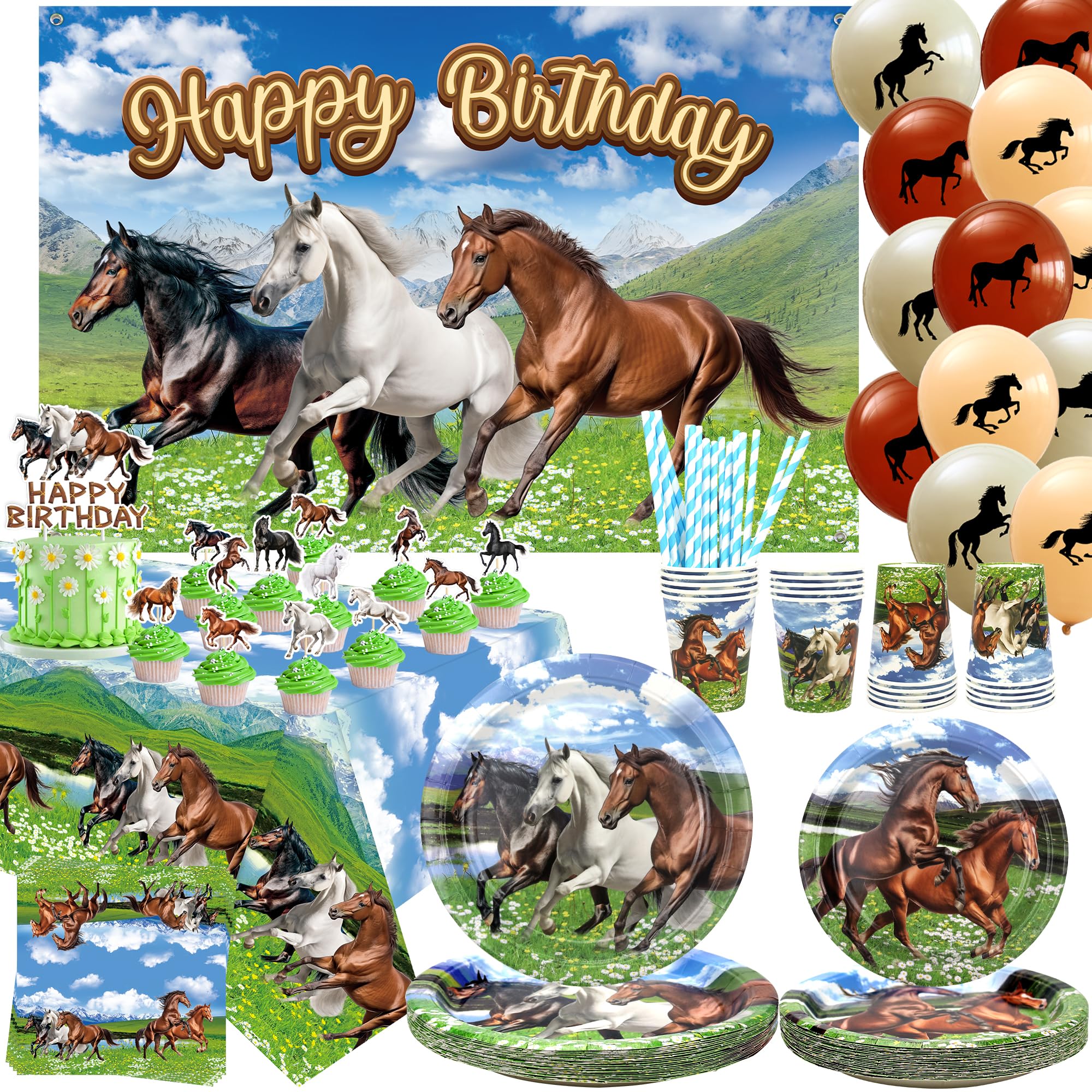 Décoration de Fête d'Anniversaire Cheval et Cowboy - Assiettes, Tasses, Serviettes, Nappe, Toile de Fond 'Happy Birthday', Ballons pour Gâteau