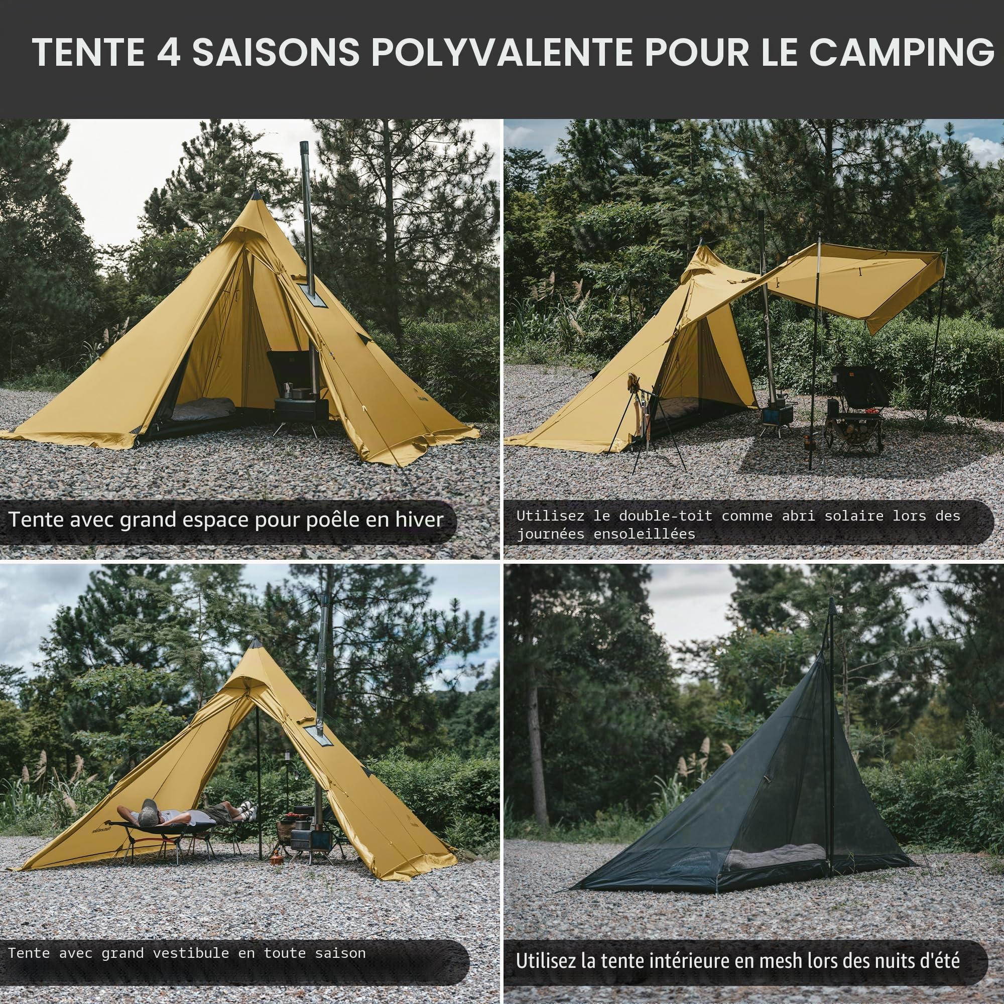 Naturehike Ranch Fire Thermotente 2-4 Personnes Pyramide 4 Saisons Tente Tipi avec Connexion pour Poêle Imperméable Anti-Vent Tente de Camping d'Hiver pour les Voyages d'Hiver et le Chauffage